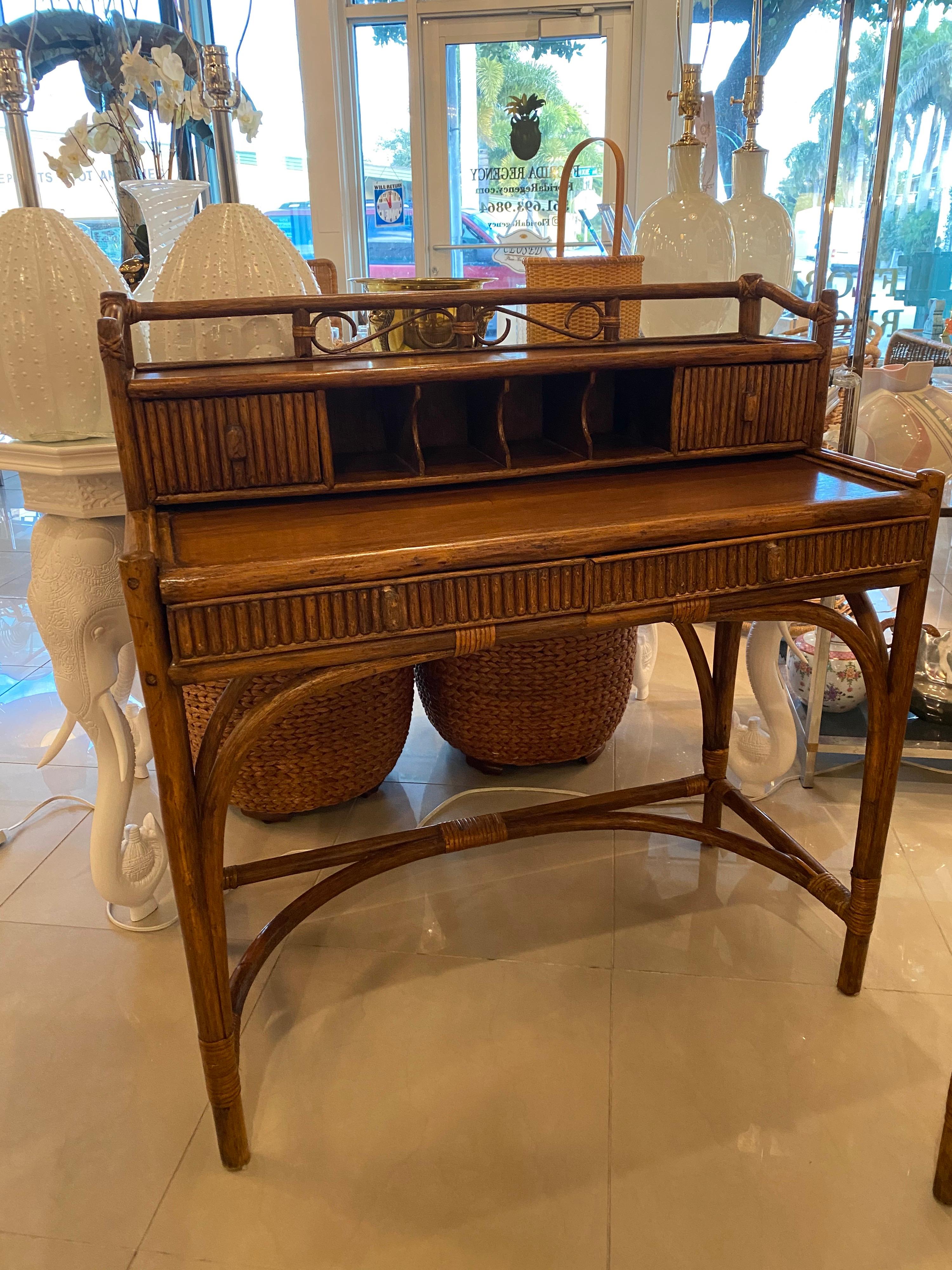 Vintage Palm Beach Bamboo & Rattan Desk and Chair In Good Condition In West Palm Beach, FL