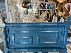 Vintage Palm Beach Blue Lacquered Greek Key Faux Bamboo Wall Mirror