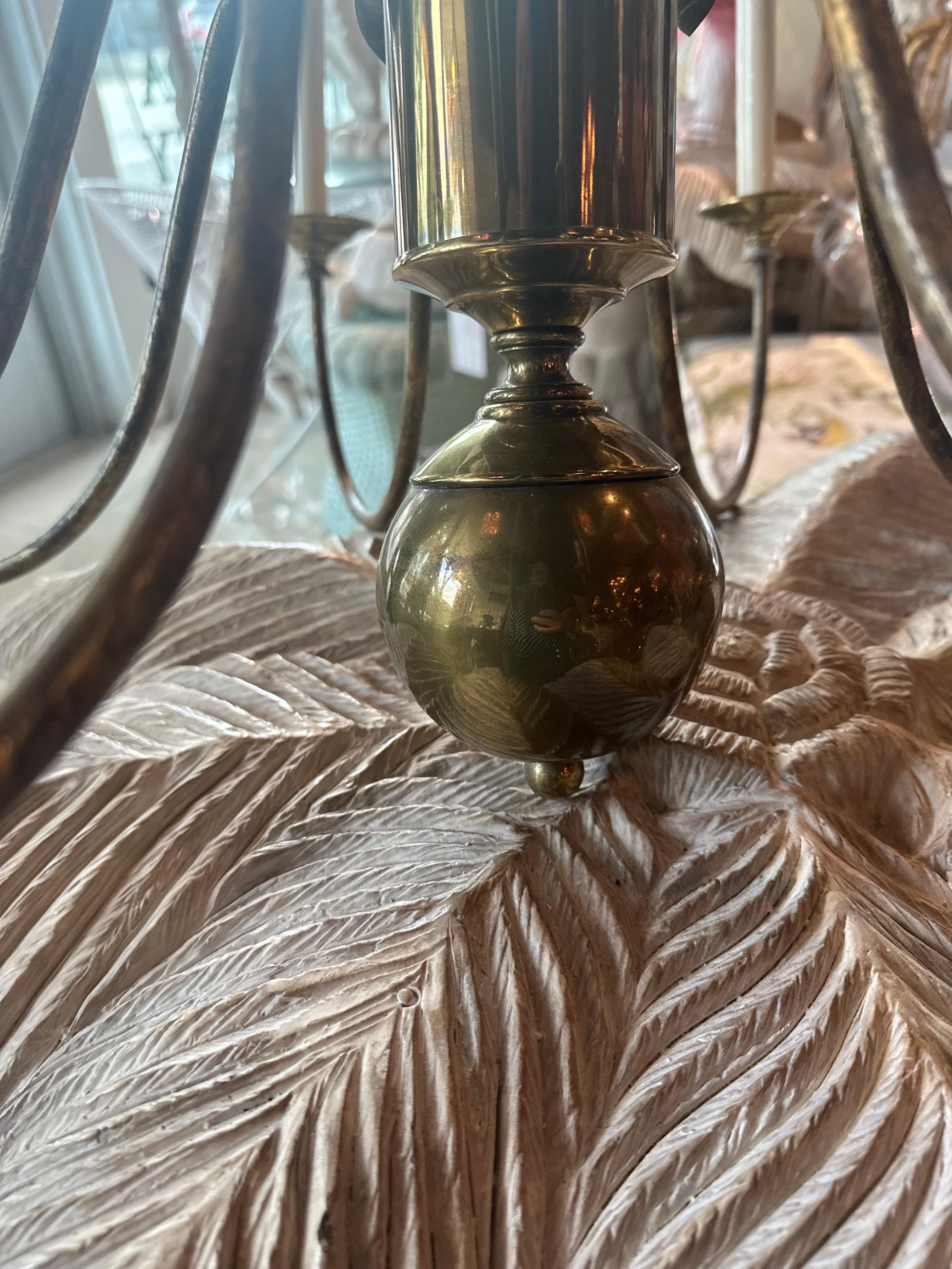 Vintage Palm Beach Brass Palm Tree Leaf Leaves Faux Bamboo 8 Light Chandelier  For Sale 6