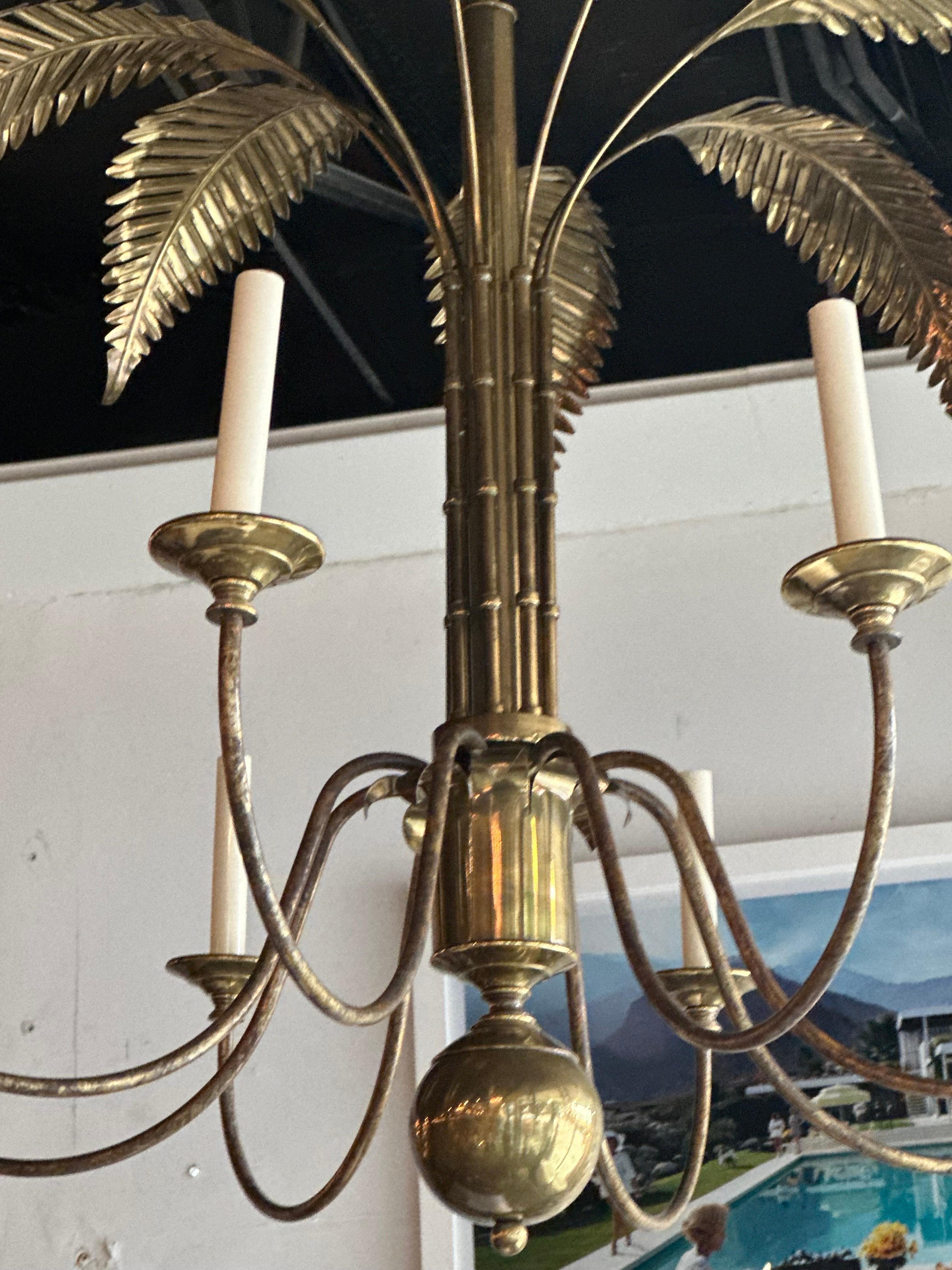 Vintage Palm Beach Brass Palm Tree Leaf Leaves Faux Bamboo 8 Light Chandelier  For Sale 7