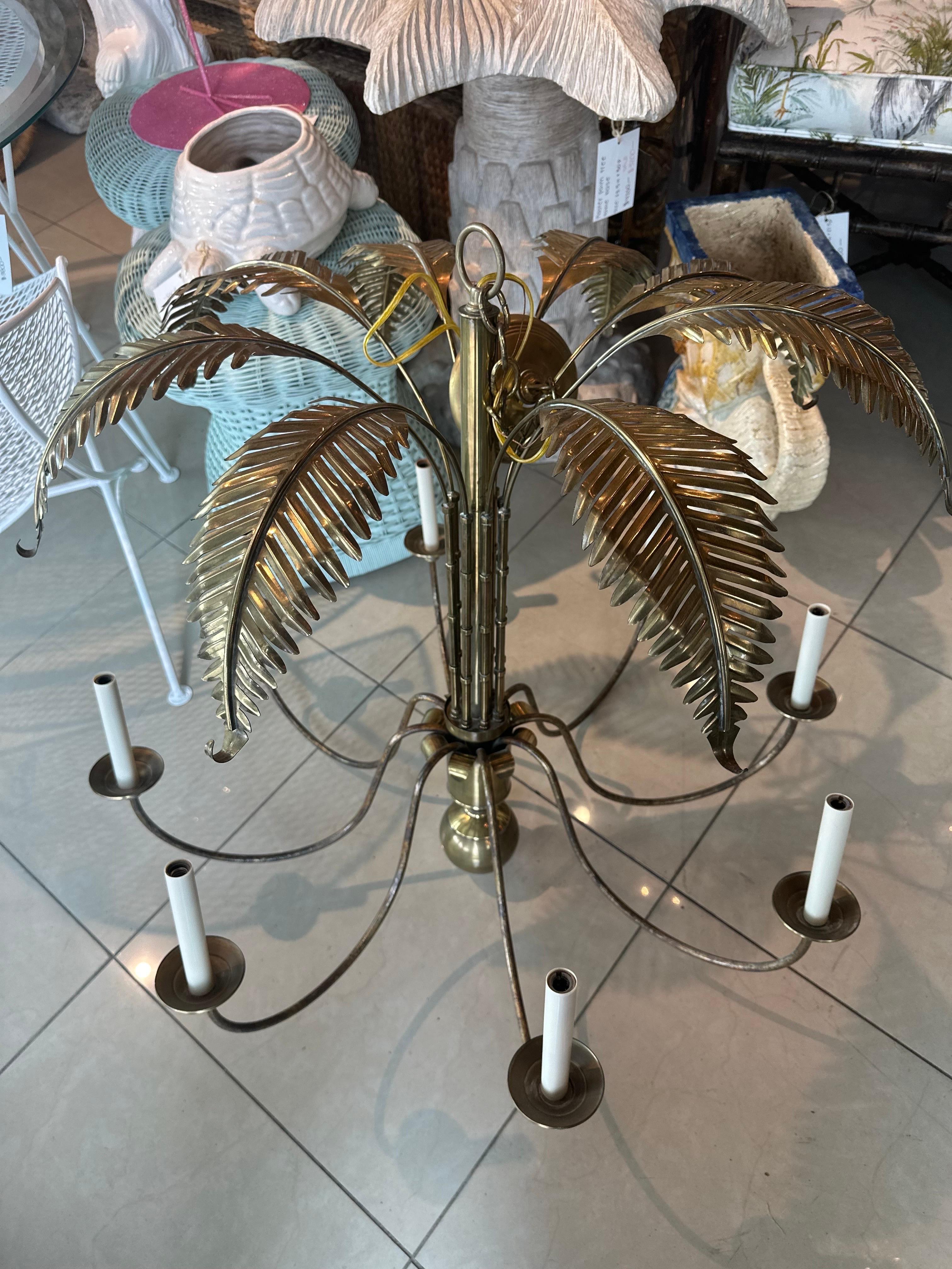 Vintage Palm Beach Brass Palm Tree Leaf Leaves Faux Bamboo 8 Light Chandelier  For Sale 9