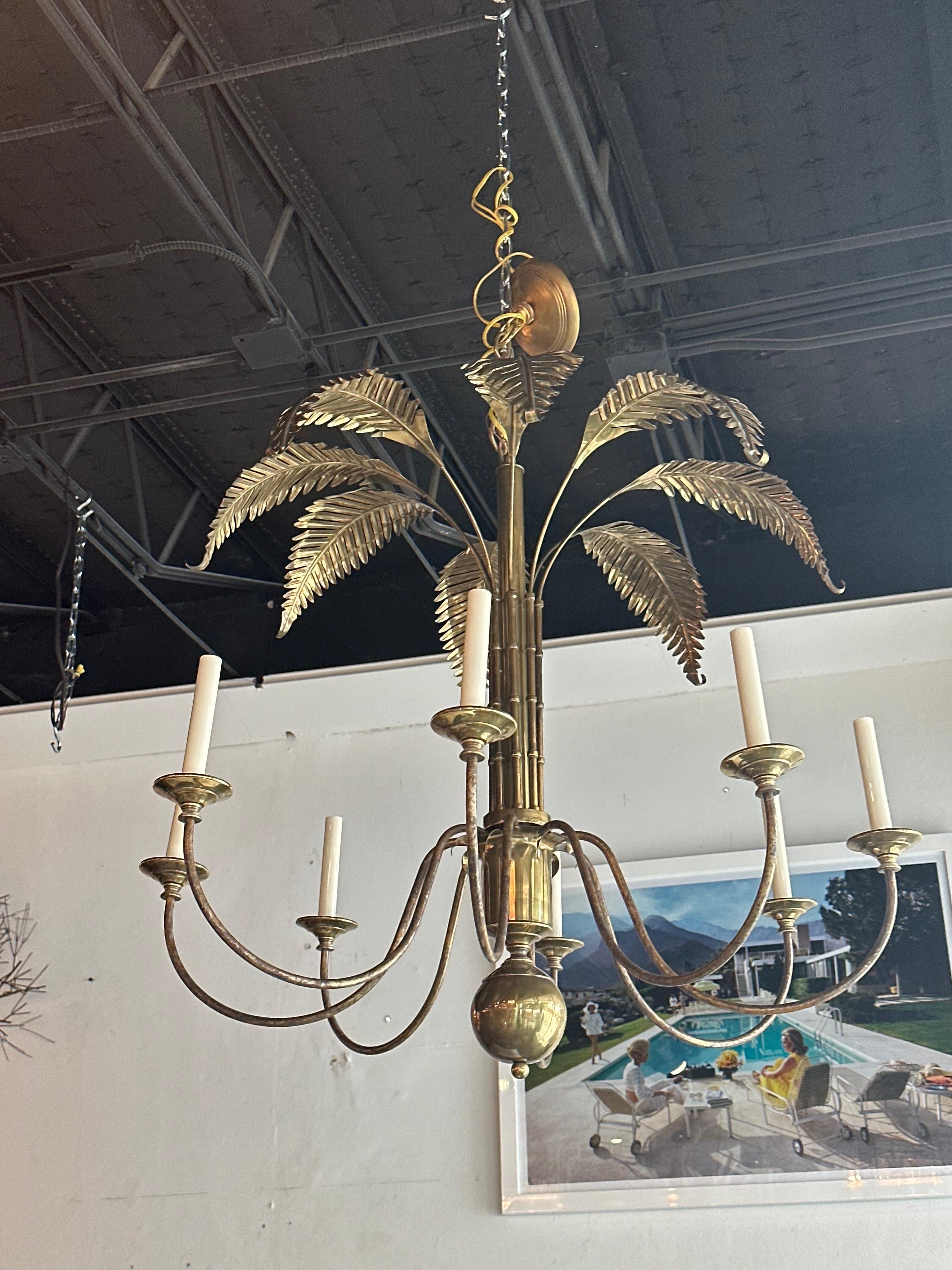 Vintage Palm Beach Brass Palm Tree Leaf Leaves Faux Bamboo 8 Light Chandelier  For Sale 10