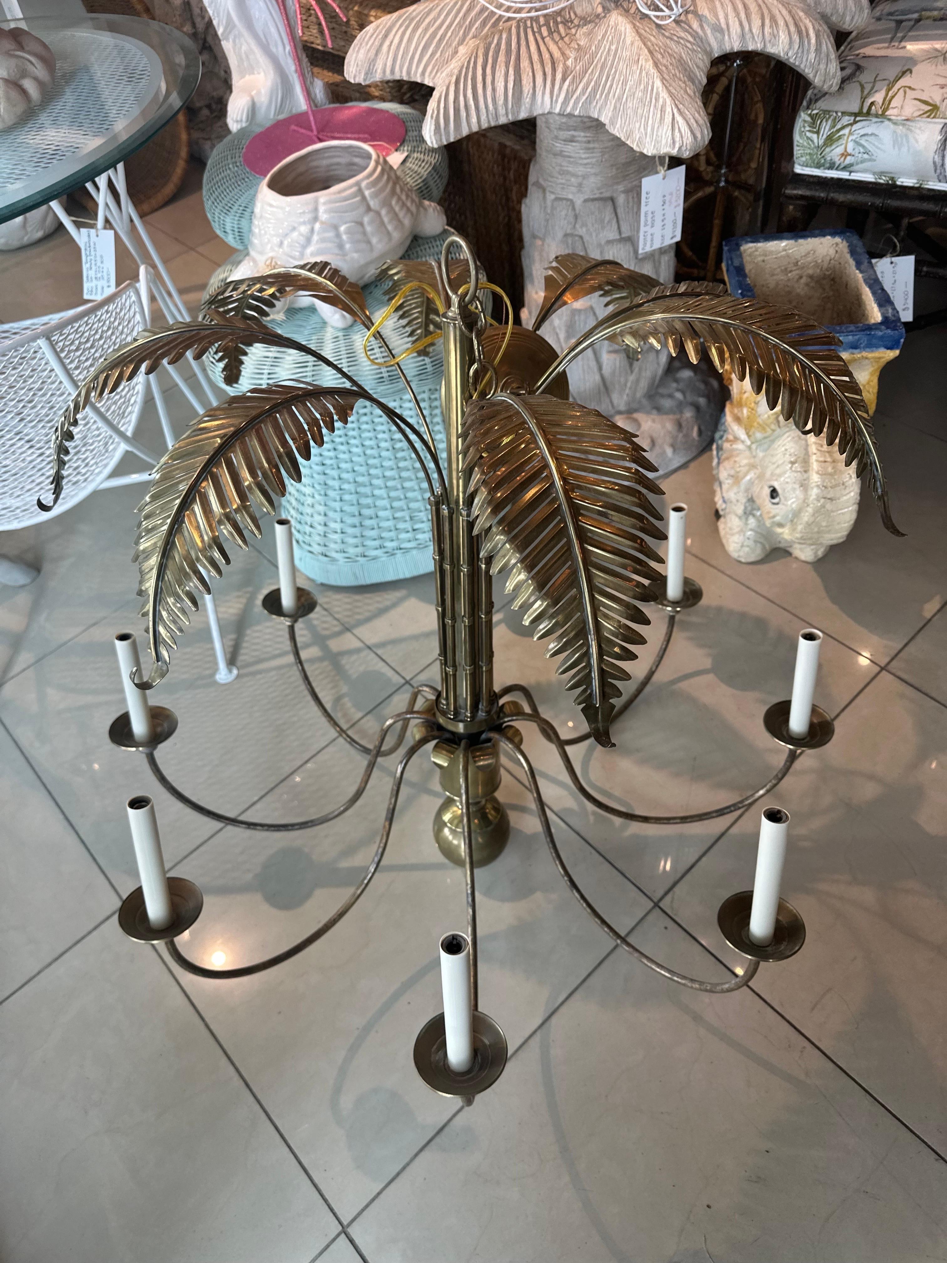 Hollywood Regency Vintage Palm Beach Brass Palm Tree Leaf Leaves Faux Bamboo 8 Light Chandelier  For Sale