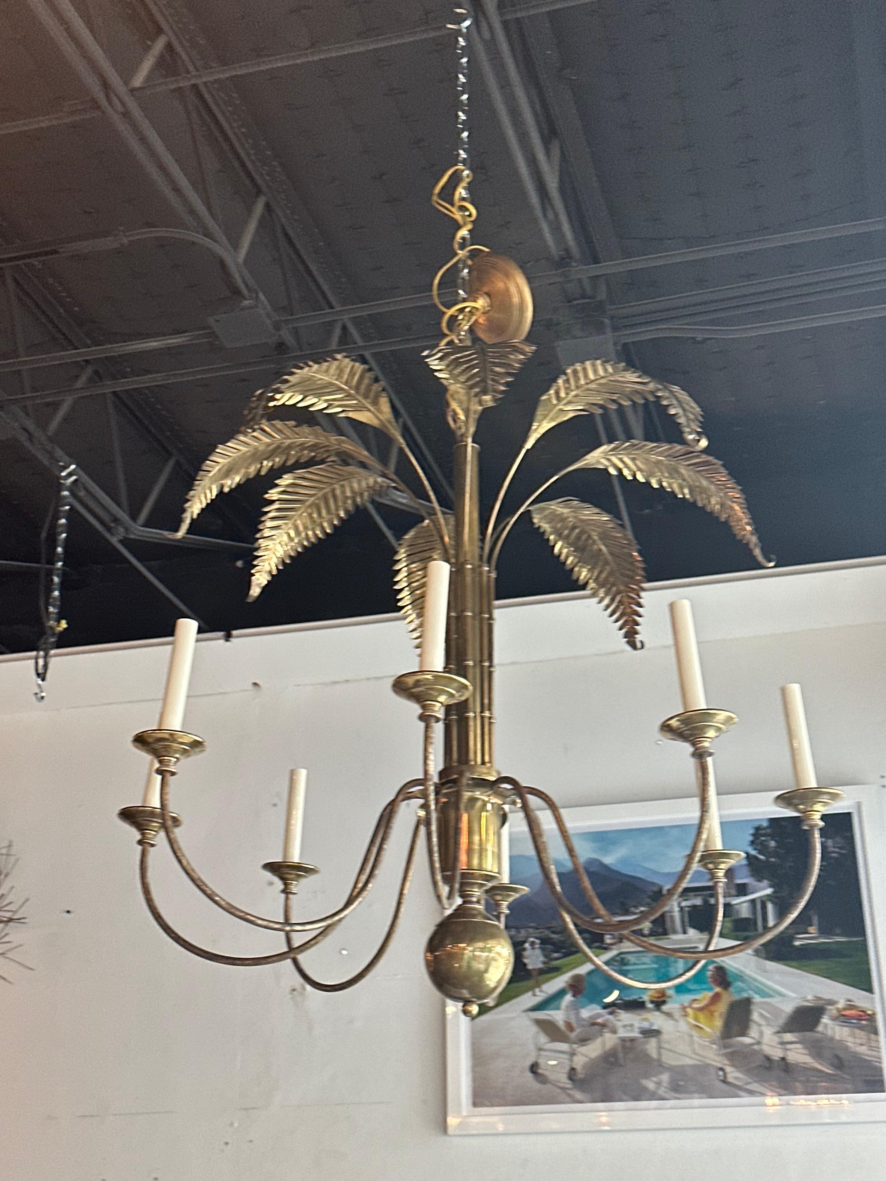 American Vintage Palm Beach Brass Palm Tree Leaf Leaves Faux Bamboo 8 Light Chandelier  For Sale