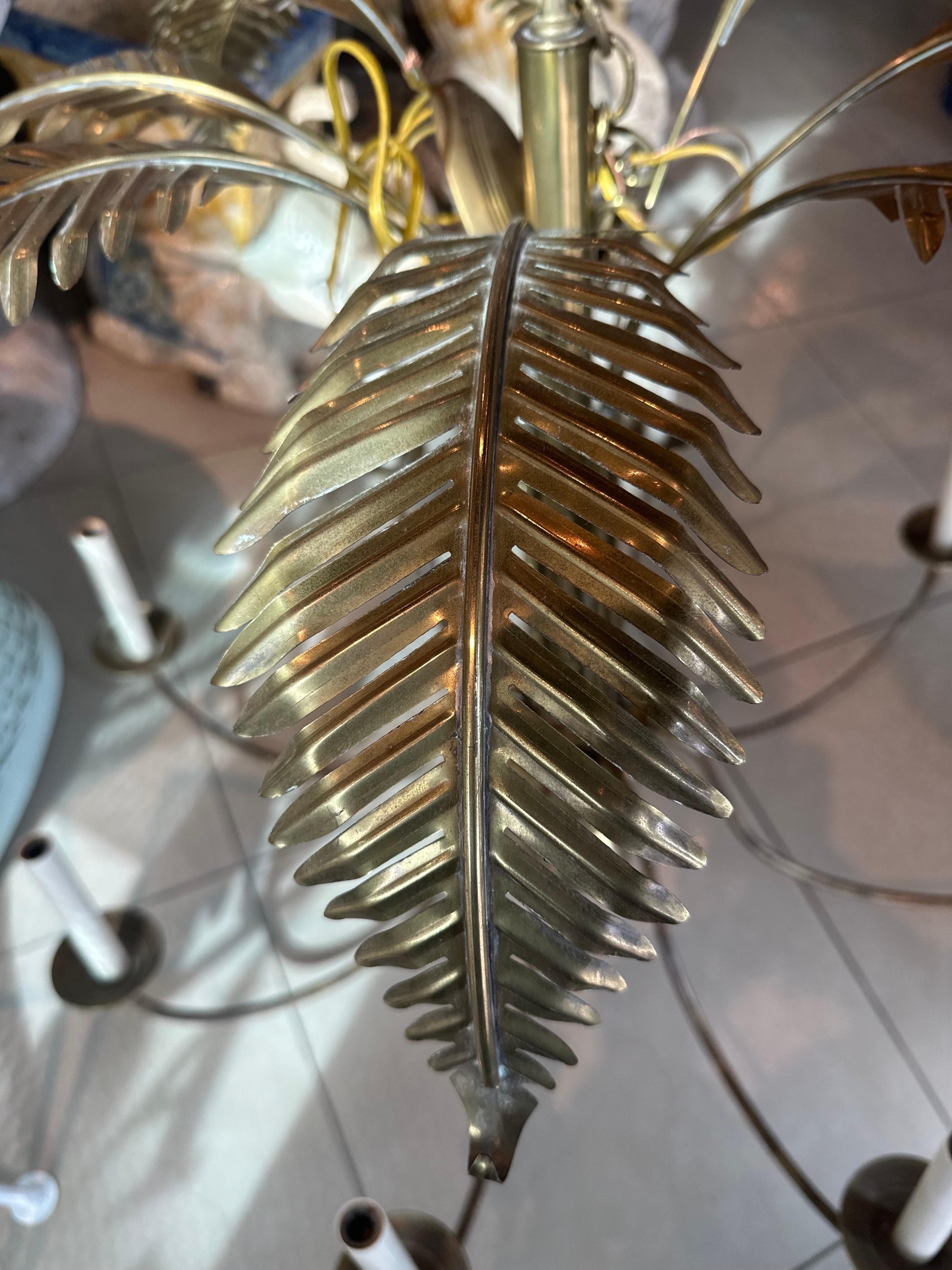 Late 20th Century Vintage Palm Beach Brass Palm Tree Leaf Leaves Faux Bamboo 8 Light Chandelier  For Sale