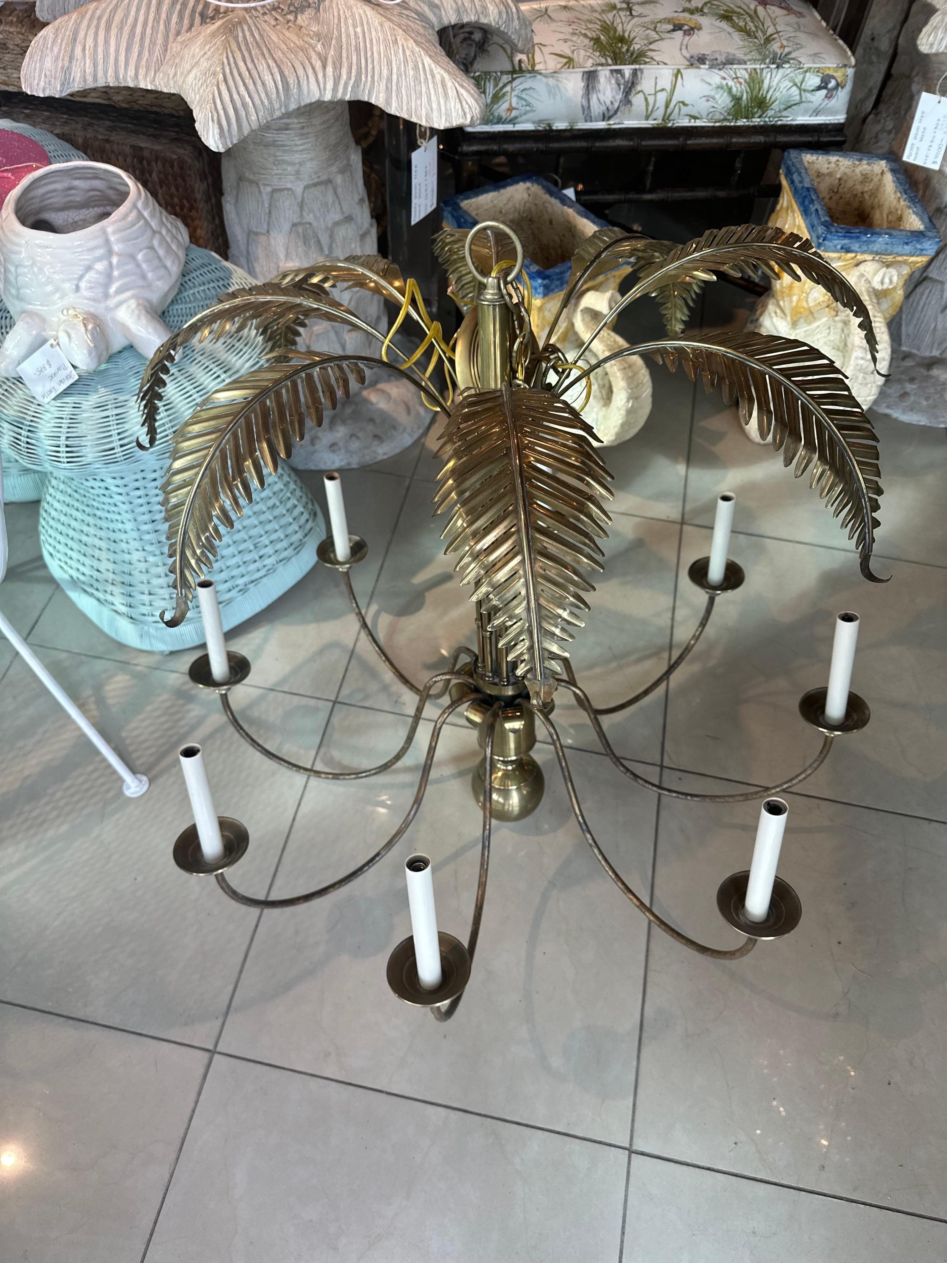 Vintage Palm Beach Brass Palm Tree Leaf Leaves Faux Bamboo 8 Light Chandelier  For Sale 1
