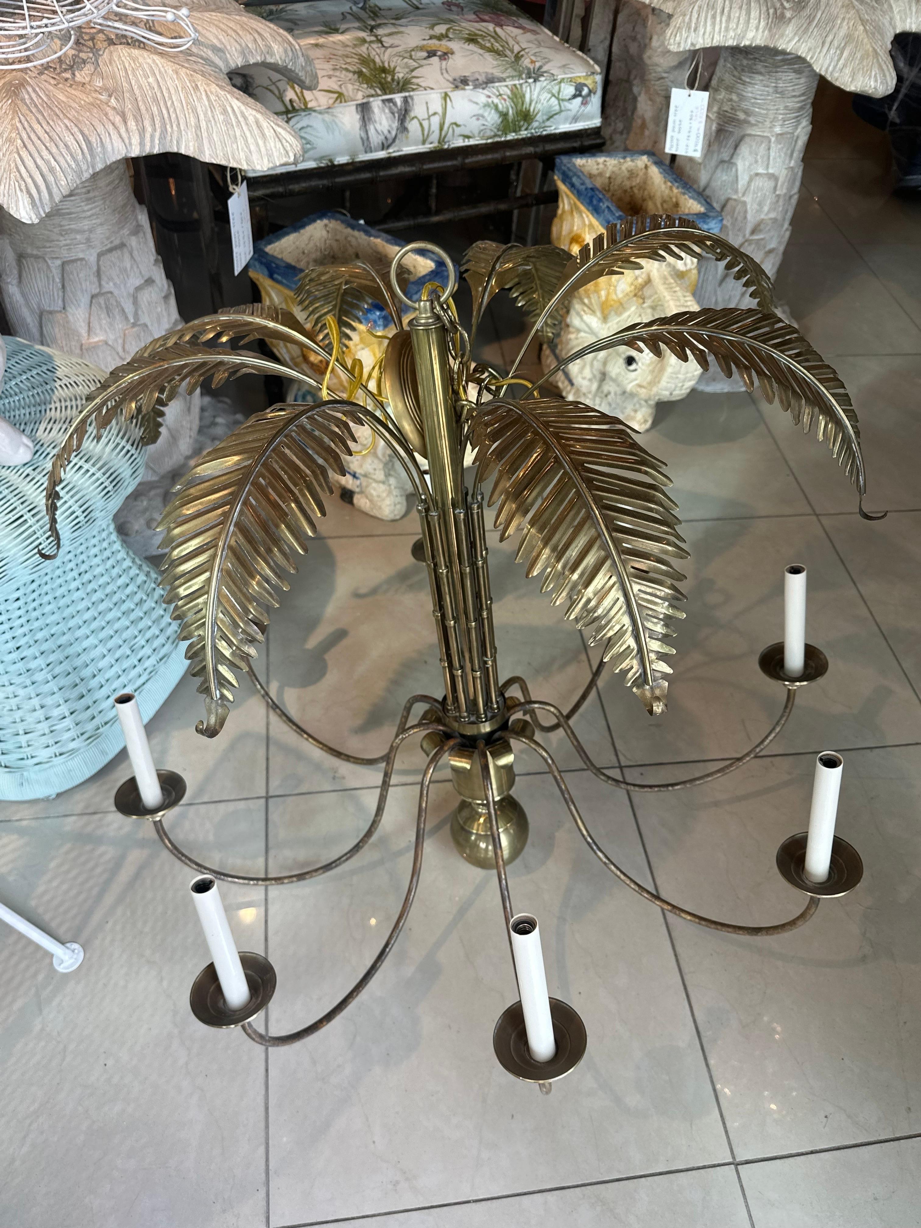 Vintage Palm Beach Brass Palm Tree Leaf Leaves Faux Bamboo 8 Light Chandelier  For Sale 2