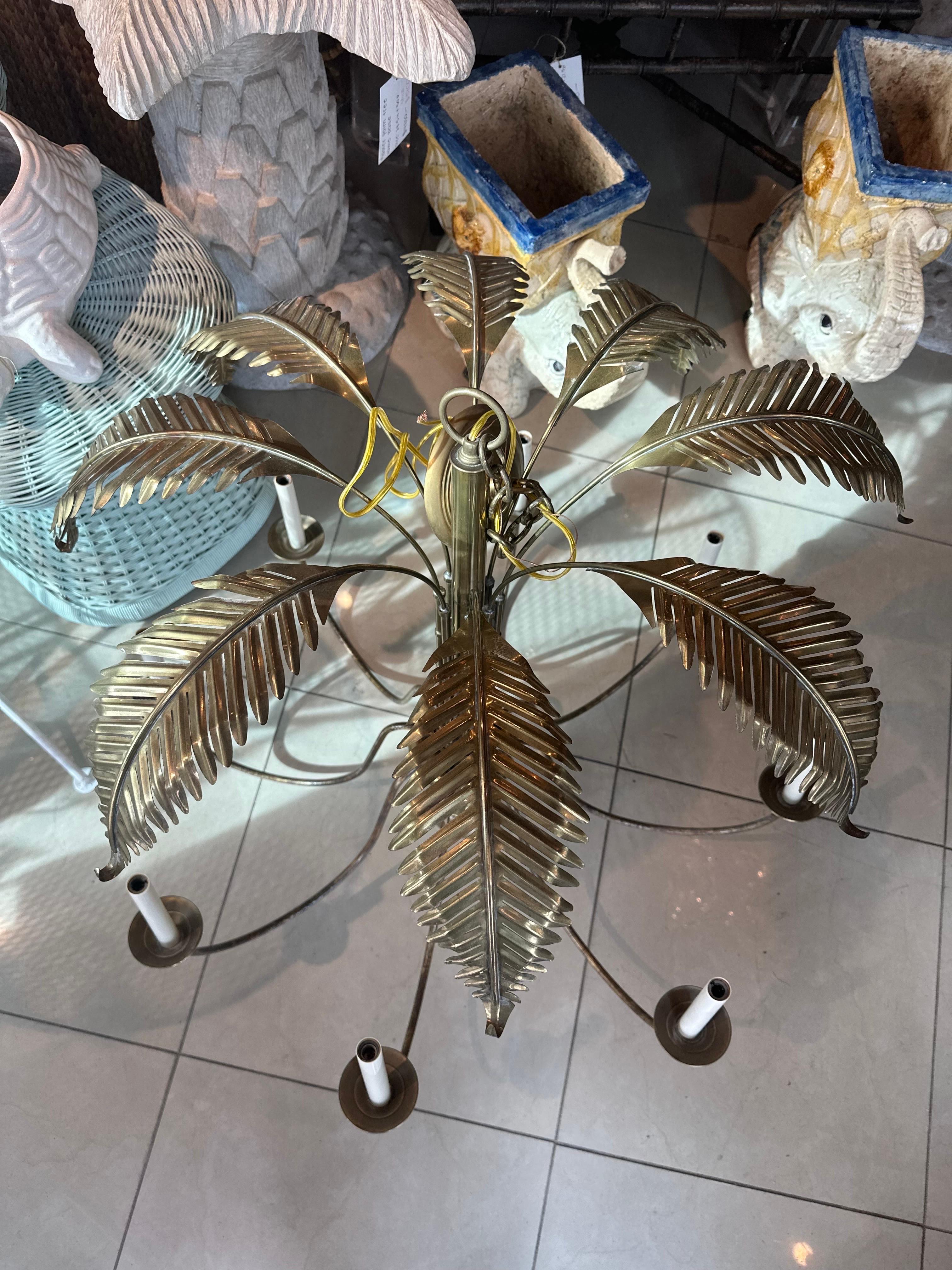 Vintage Palm Beach Brass Palm Tree Leaf Leaves Faux Bamboo 8 Light Chandelier  For Sale 3