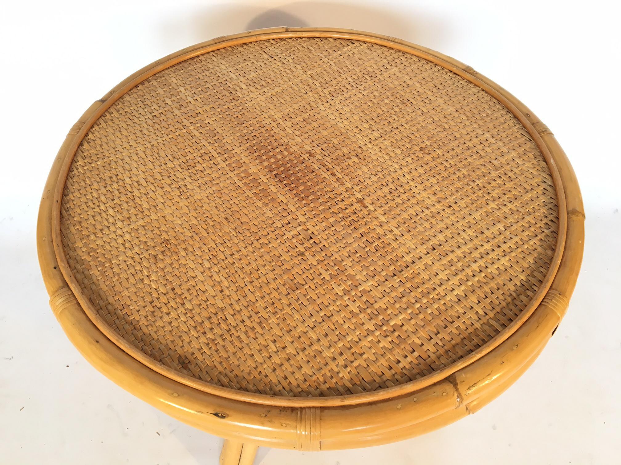 Hollywood Regency Vintage Palm Beach Cane and Rattan Round Side Table