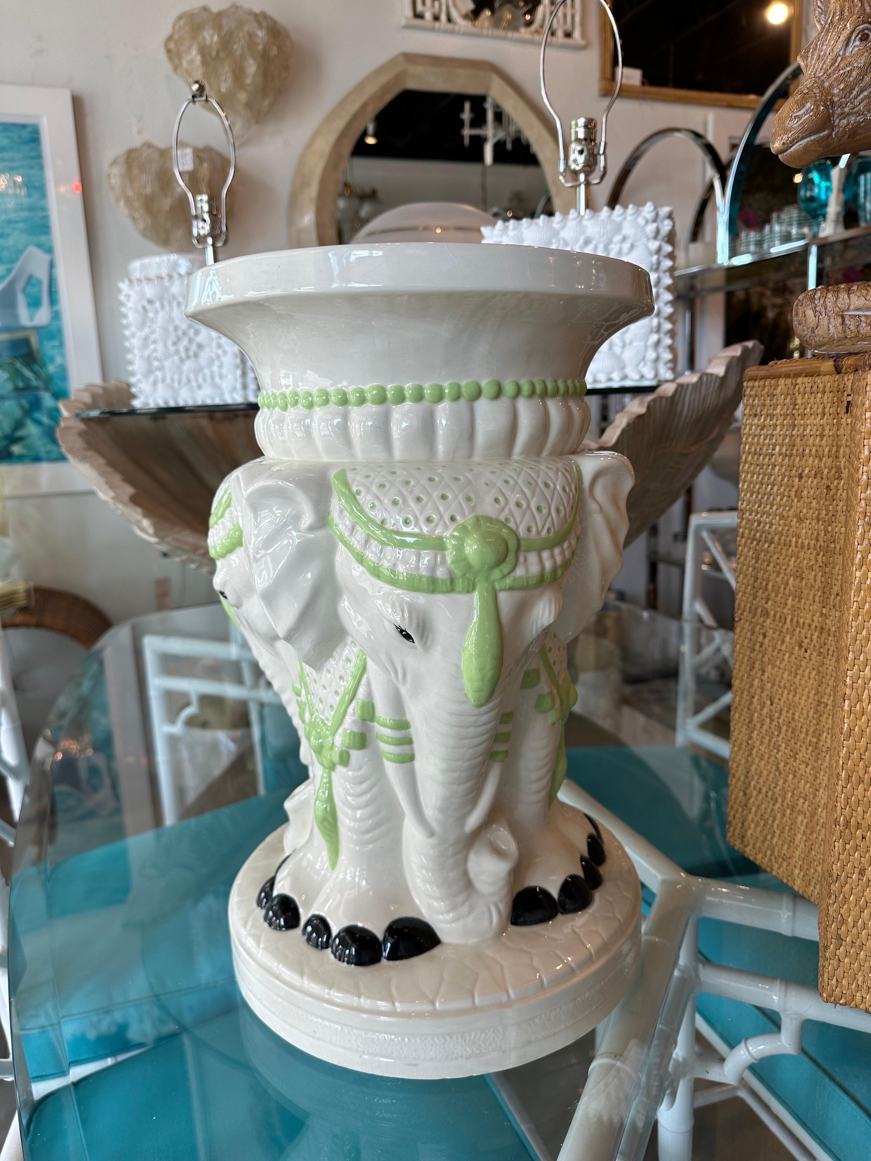 American Vintage Palm Beach Ceramic Elephant Garden Stand Stool Side End Drink Table  For Sale