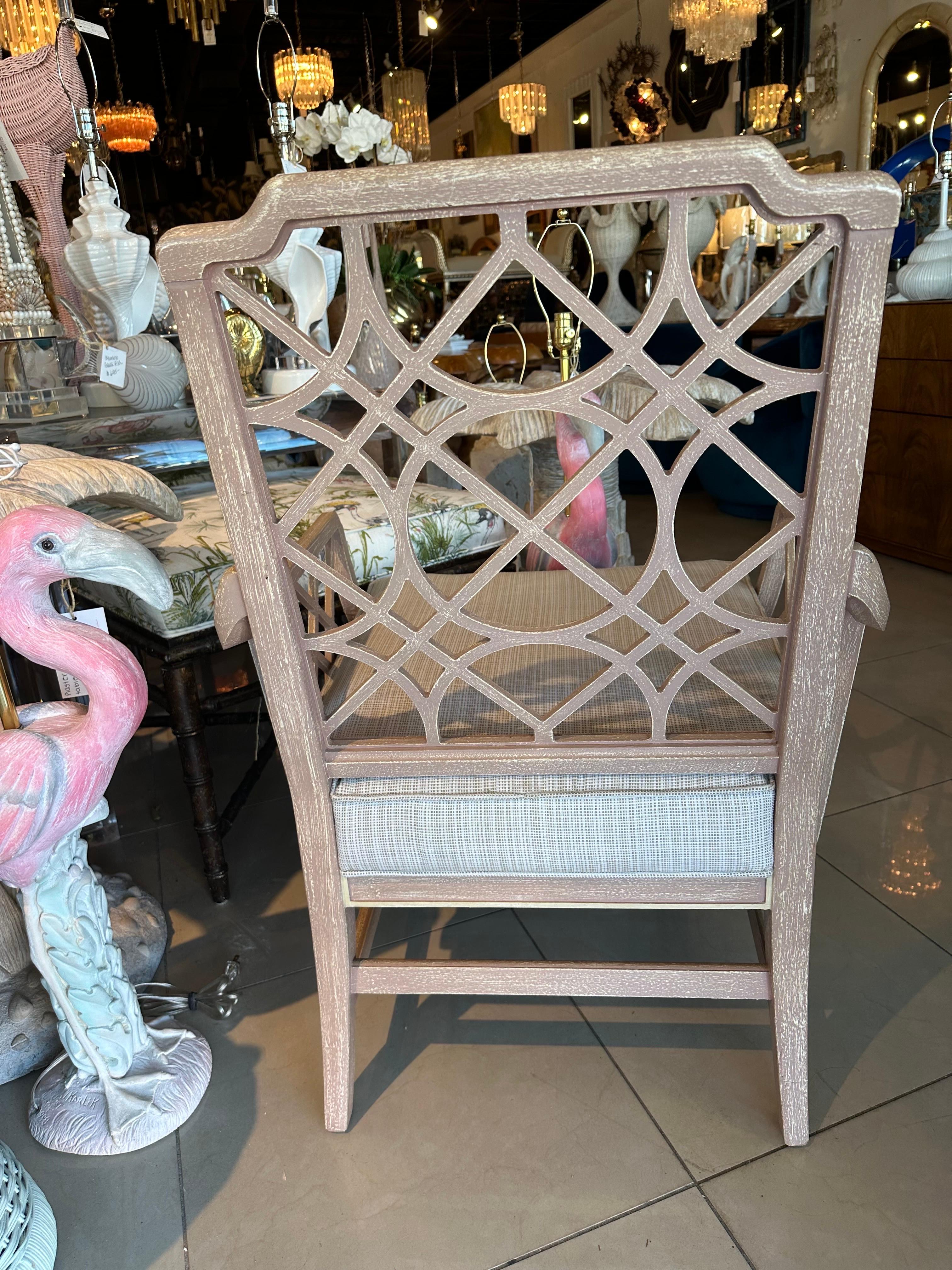 Vintage Palm Beach Chinese Chippendale Fretwork Fret Work armchair arm chair, club lounge. Original finish and recently newly upholstered cushion. I cannot find any flaws on the finish or the cushion. Dimensions: 38 H x 27 W x 30 D, overall x 18.5
