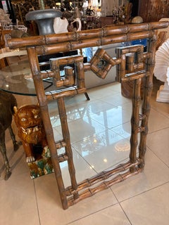 Vintage Palm Beach Coastal Faux Bamboo Pagoda Greek Key Wall Mirror