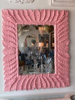 Vintage Palm Beach Coral Pink Lacquered Palm Leaf Large Wall Mirror