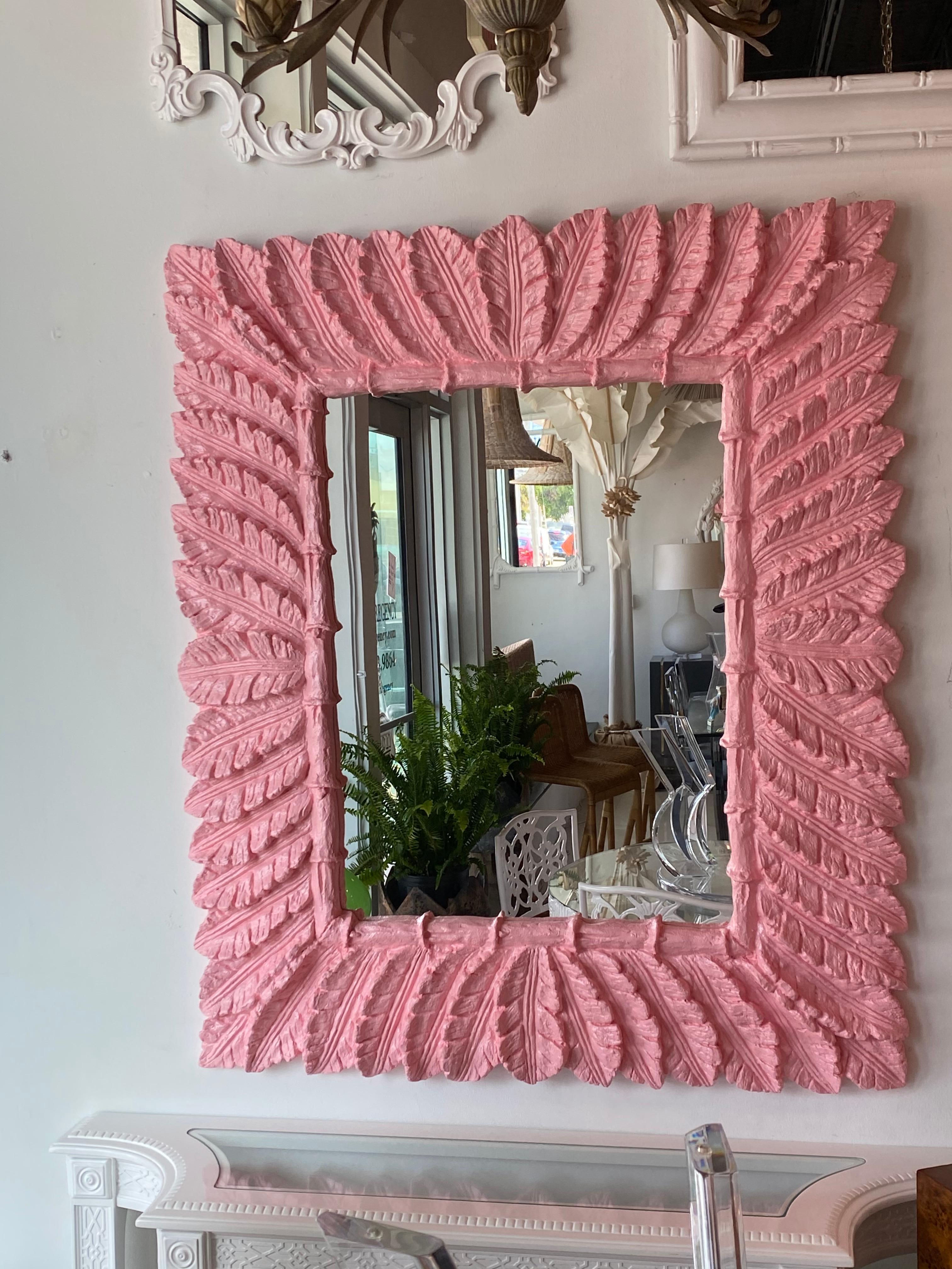 American Vintage Palm Beach Coral Pink Lacquered Palm Leaf Large Wall Mirror