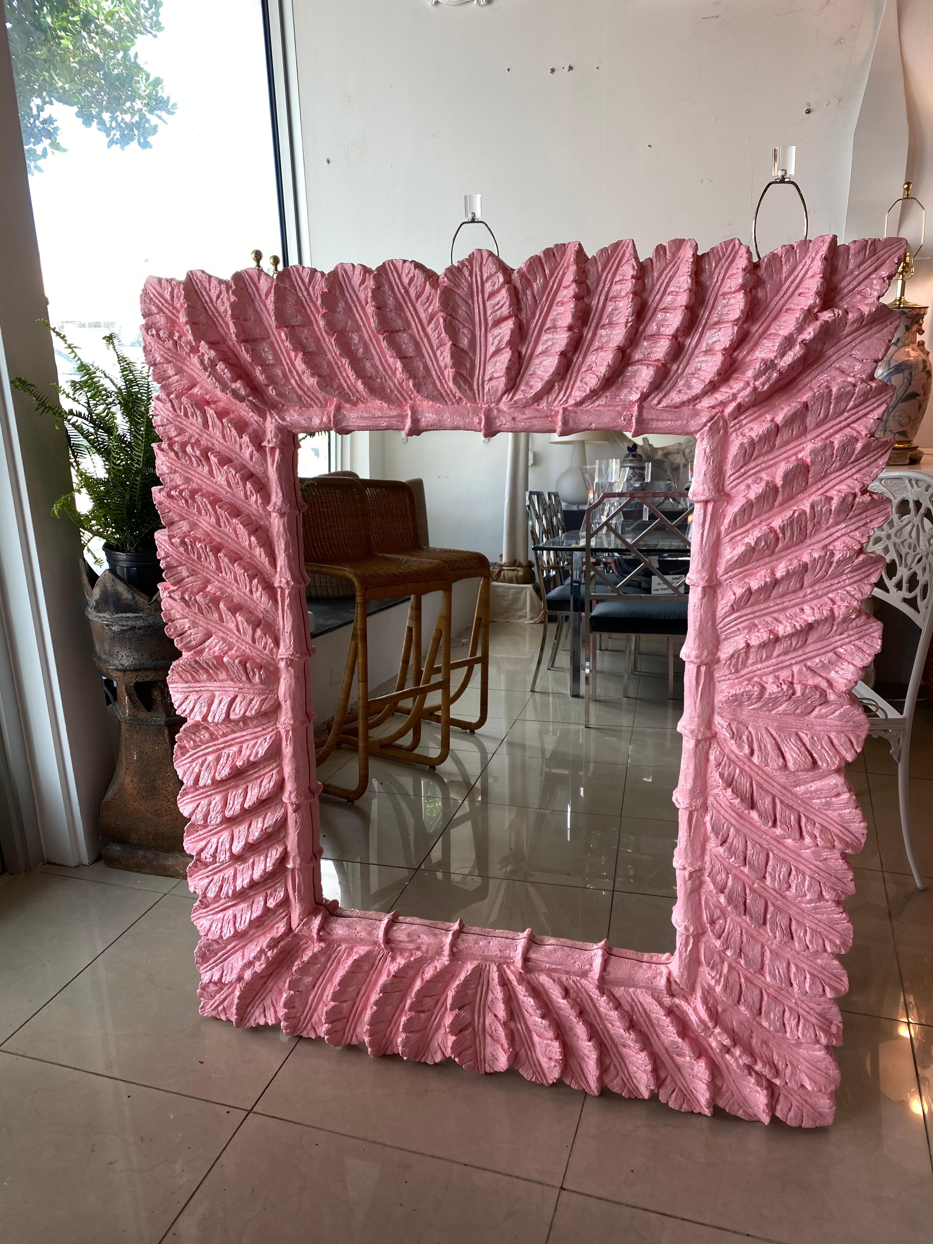 Late 20th Century Vintage Palm Beach Coral Pink Lacquered Palm Leaf Large Wall Mirror