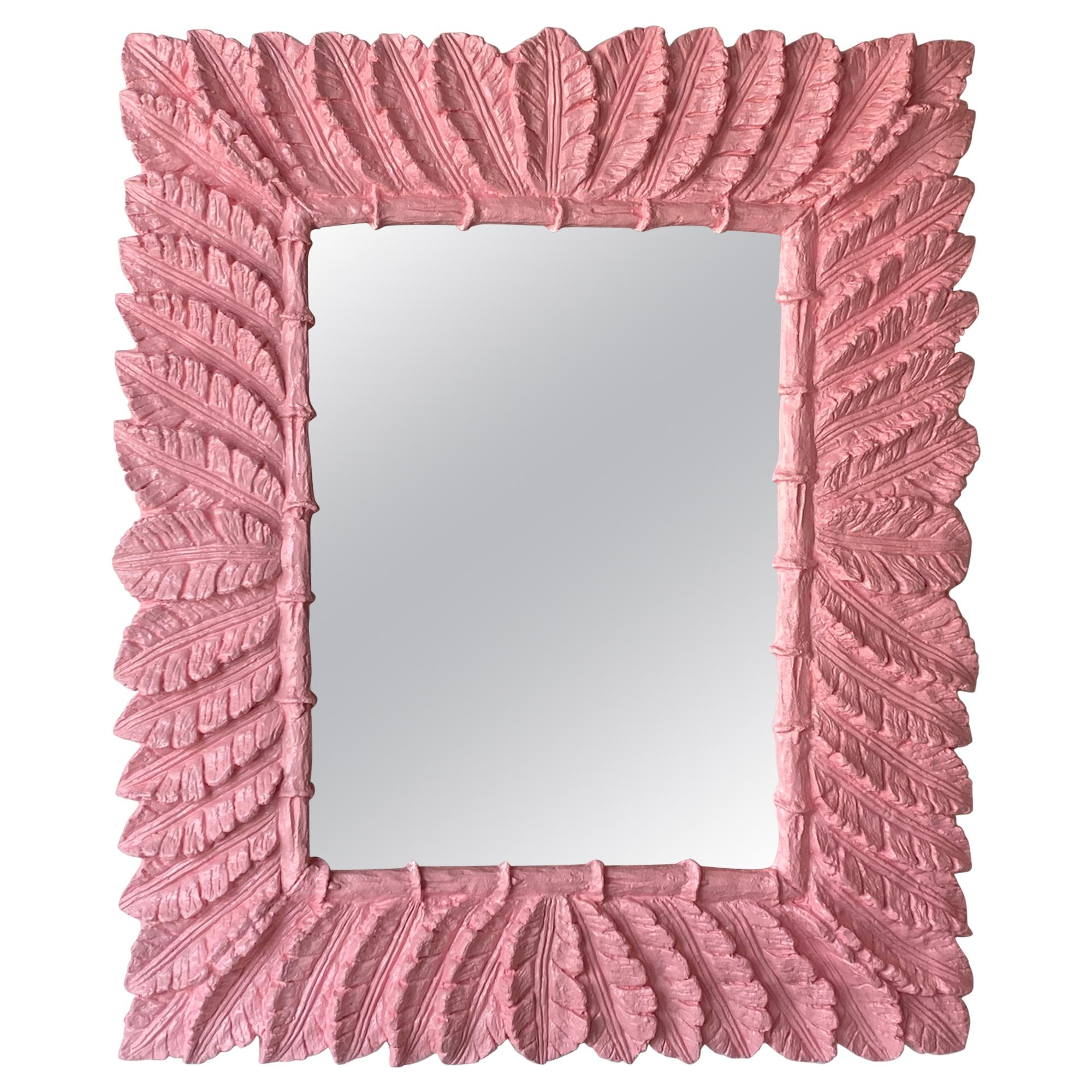 Vintage Palm Beach Coral Pink Lacquered Palm Leaf Large Wall Mirror
