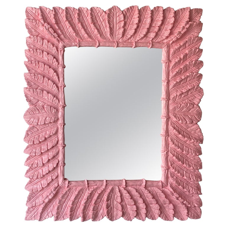 Vintage Palm Beach Coral Pink Lacquered Palm Leaf Large Wall Mirror at