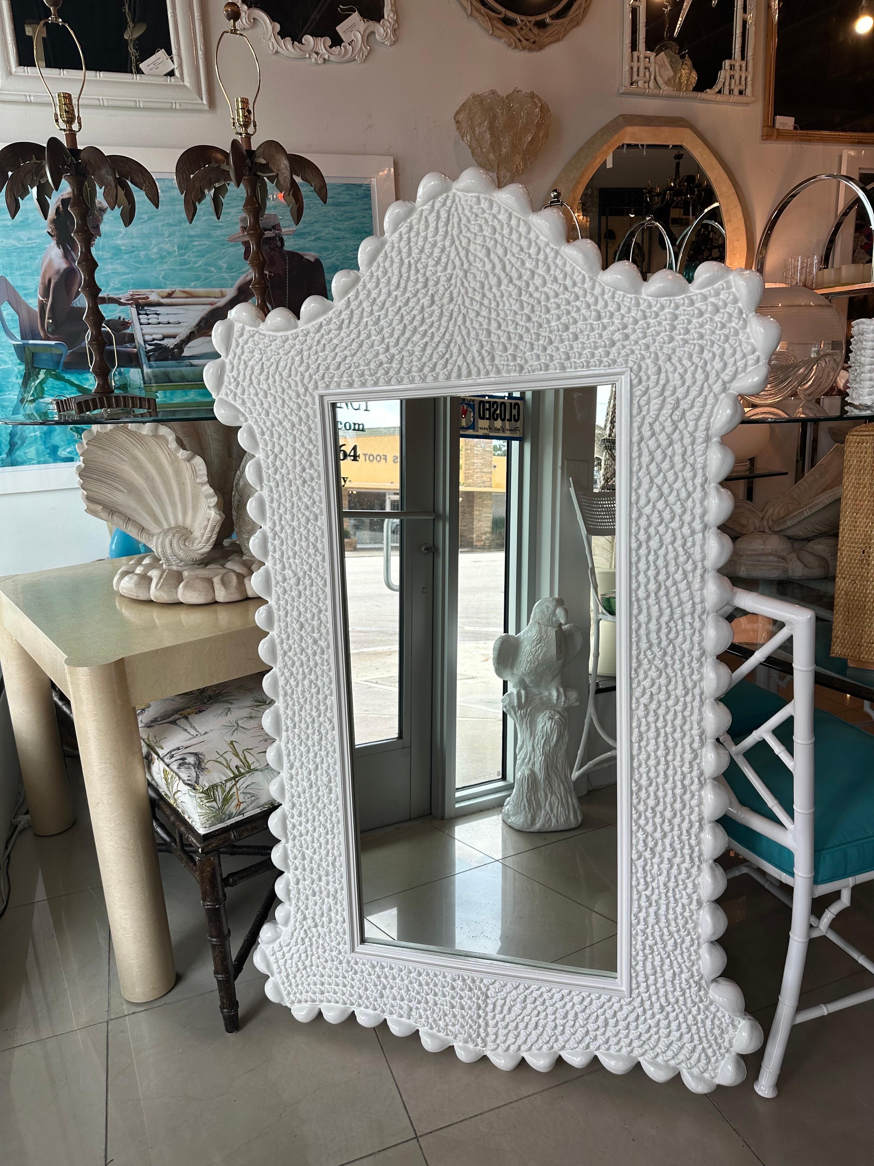 American Vintage Palm Beach Faux Shell Seashell Carved Wall Mirror Newly Lacquered White