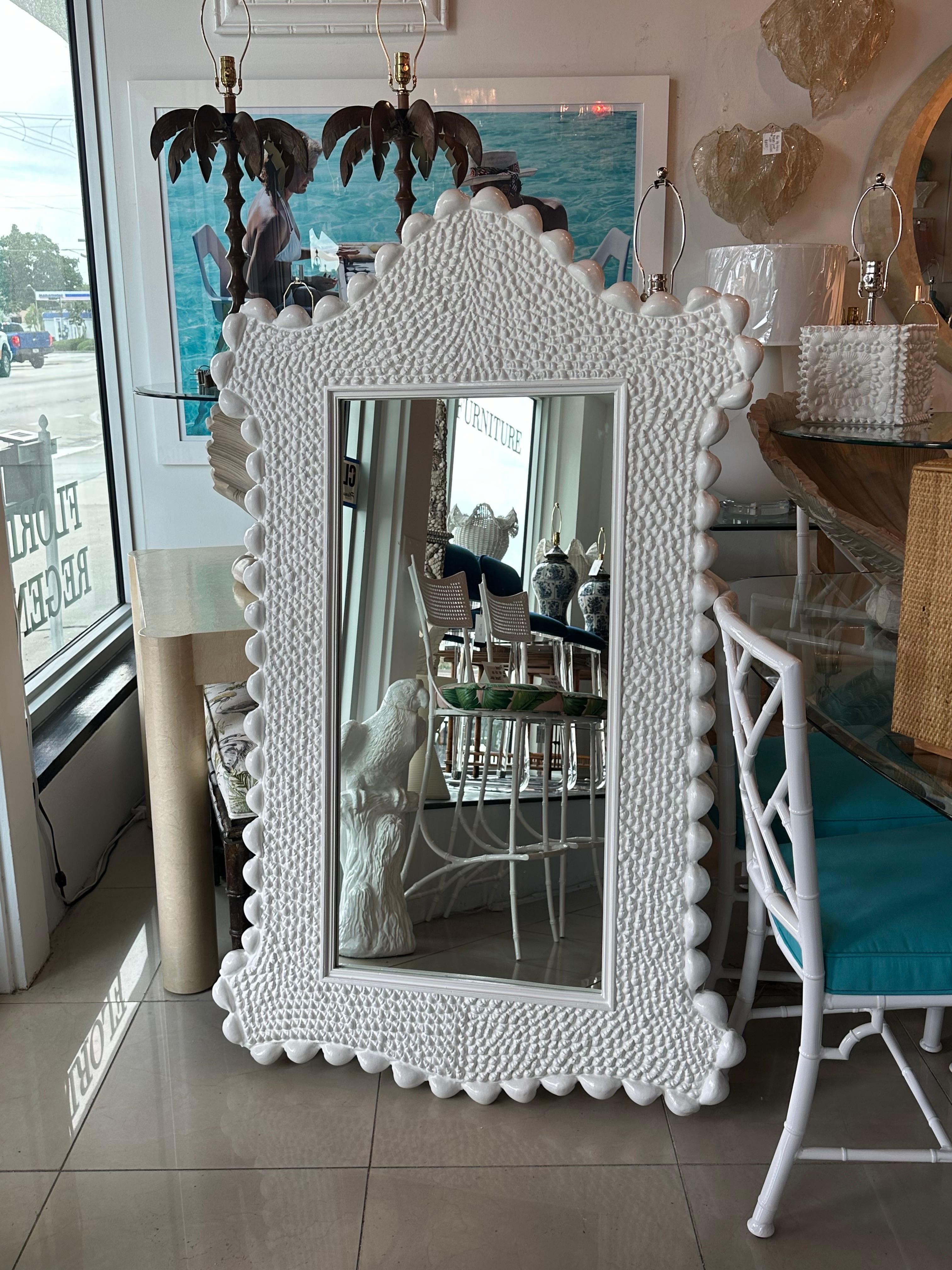 Late 20th Century Vintage Palm Beach Faux Shell Seashell Carved Wall Mirror Newly Lacquered White