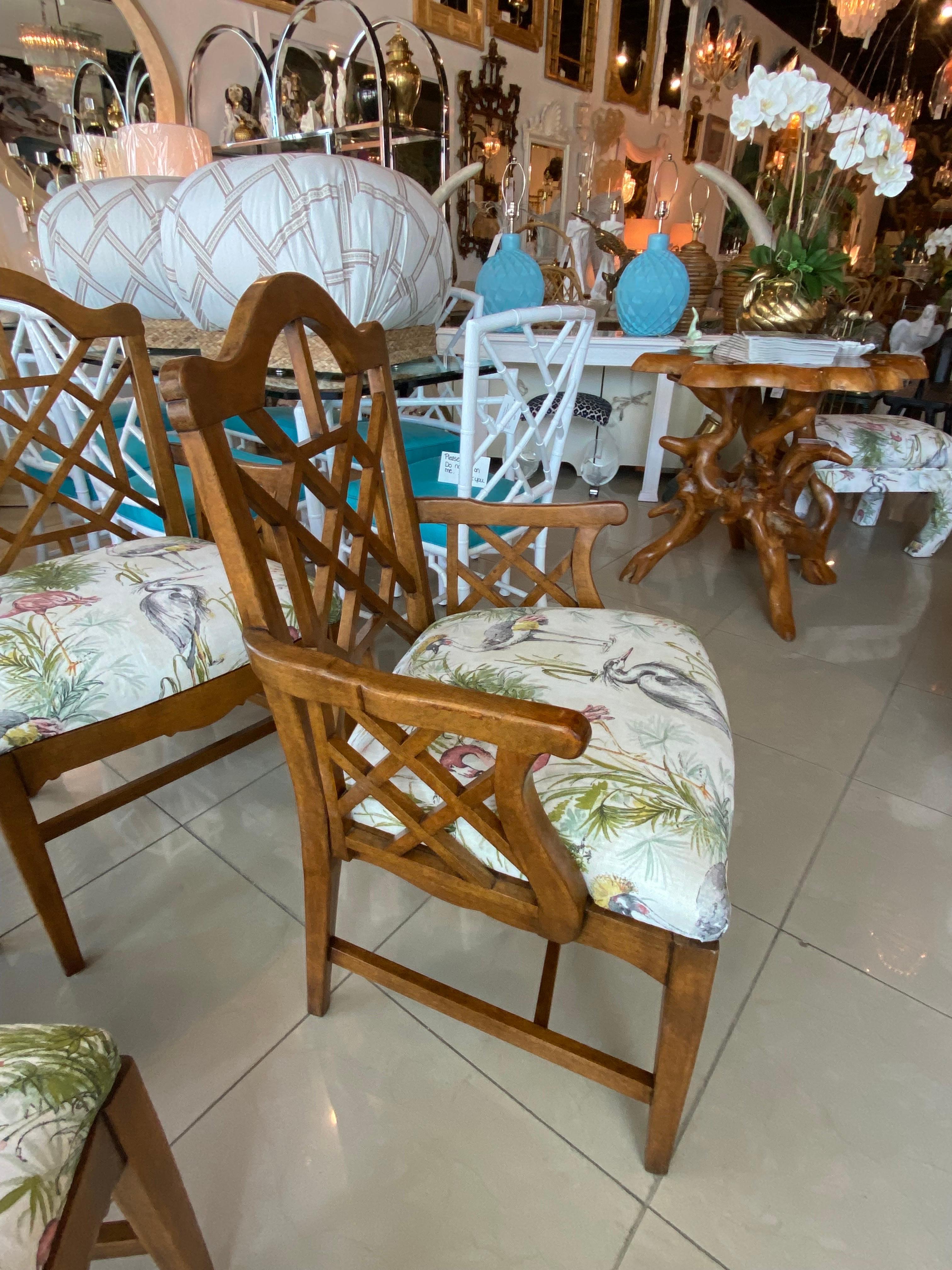 Vintage Palm Beach Fretwork Chinese Chippendale Arm Chairs Dining Upholstered  For Sale 3