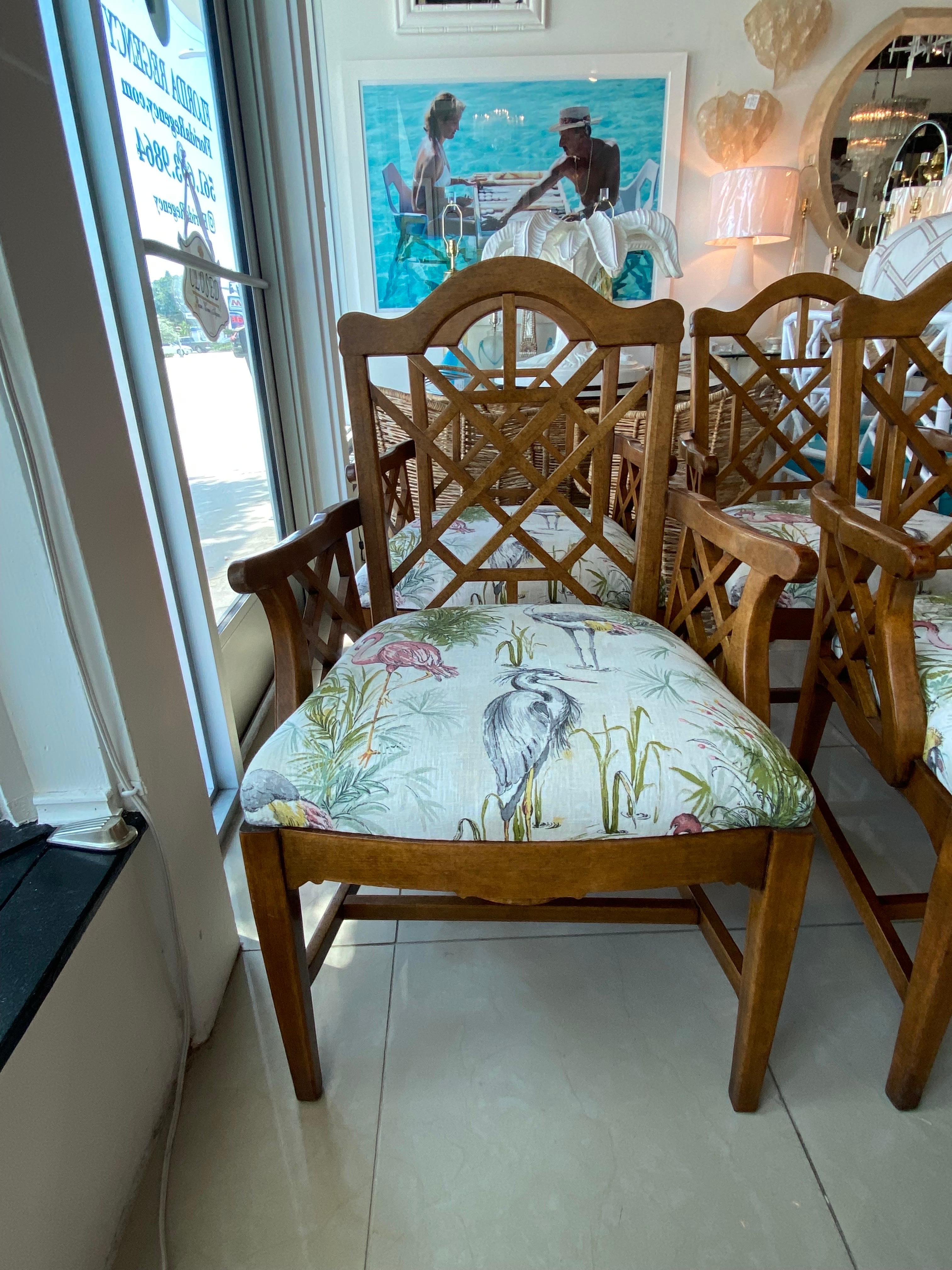 Hollywood Regency Vintage Palm Beach Traforo Cinese Chippendale Poltrone da Pranzo Imbottite in vendita