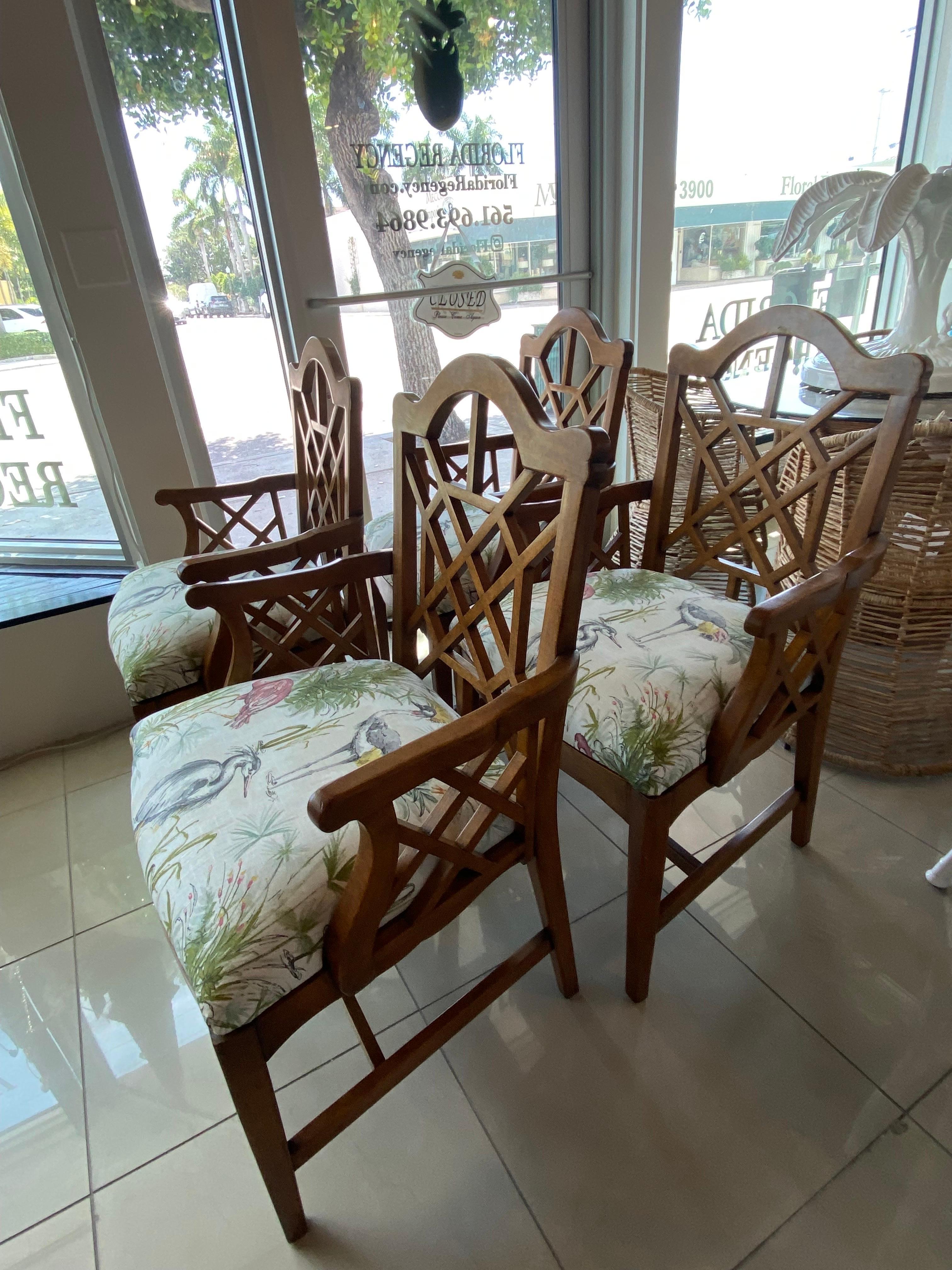 American Vintage Palm Beach Fretwork Chinese Chippendale Arm Chairs Dining Upholstered  For Sale