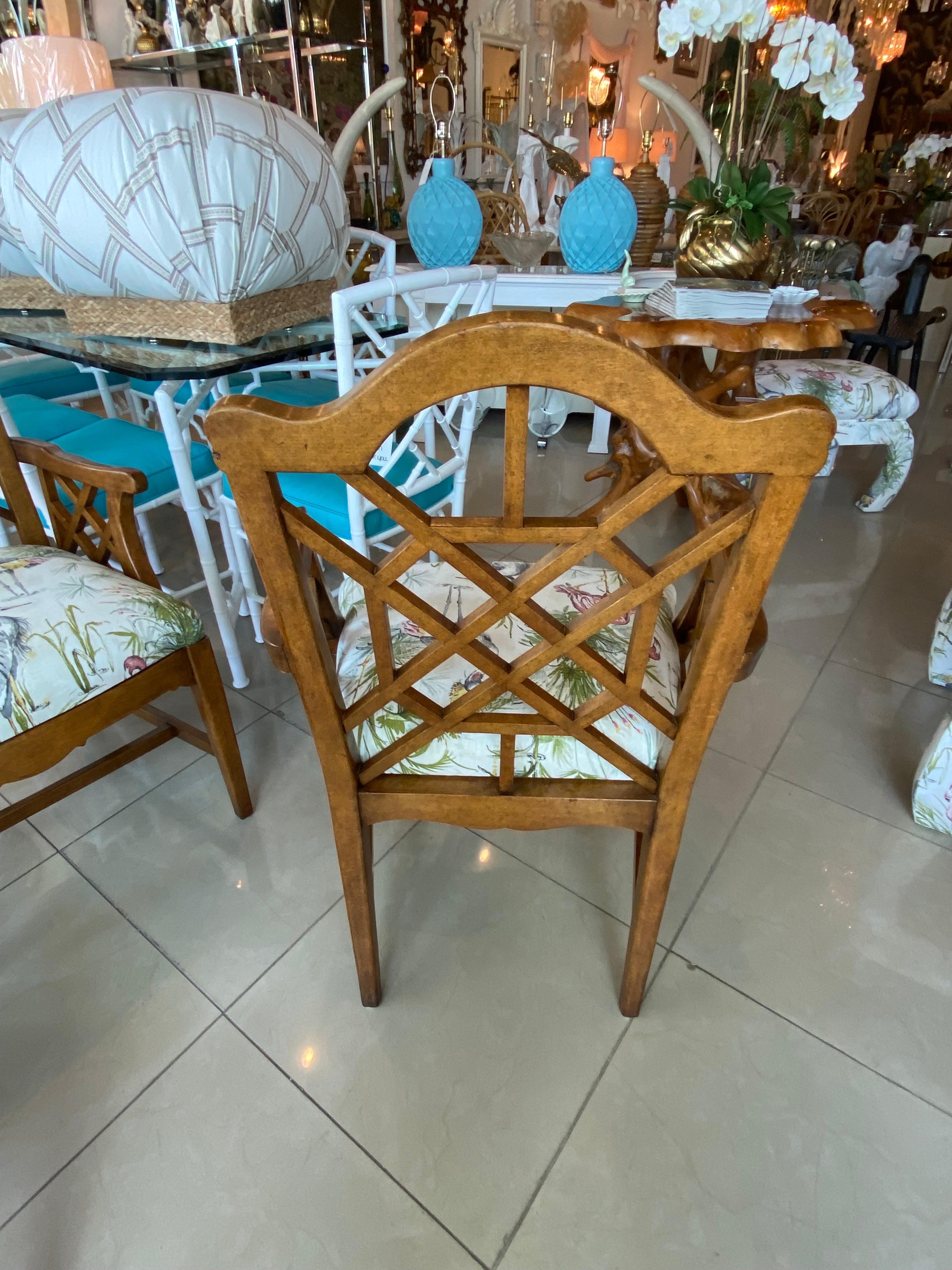 Vintage Palm Beach Fretwork Chinese Chippendale Arm Chairs Dining Upholstered  In Good Condition For Sale In West Palm Beach, FL