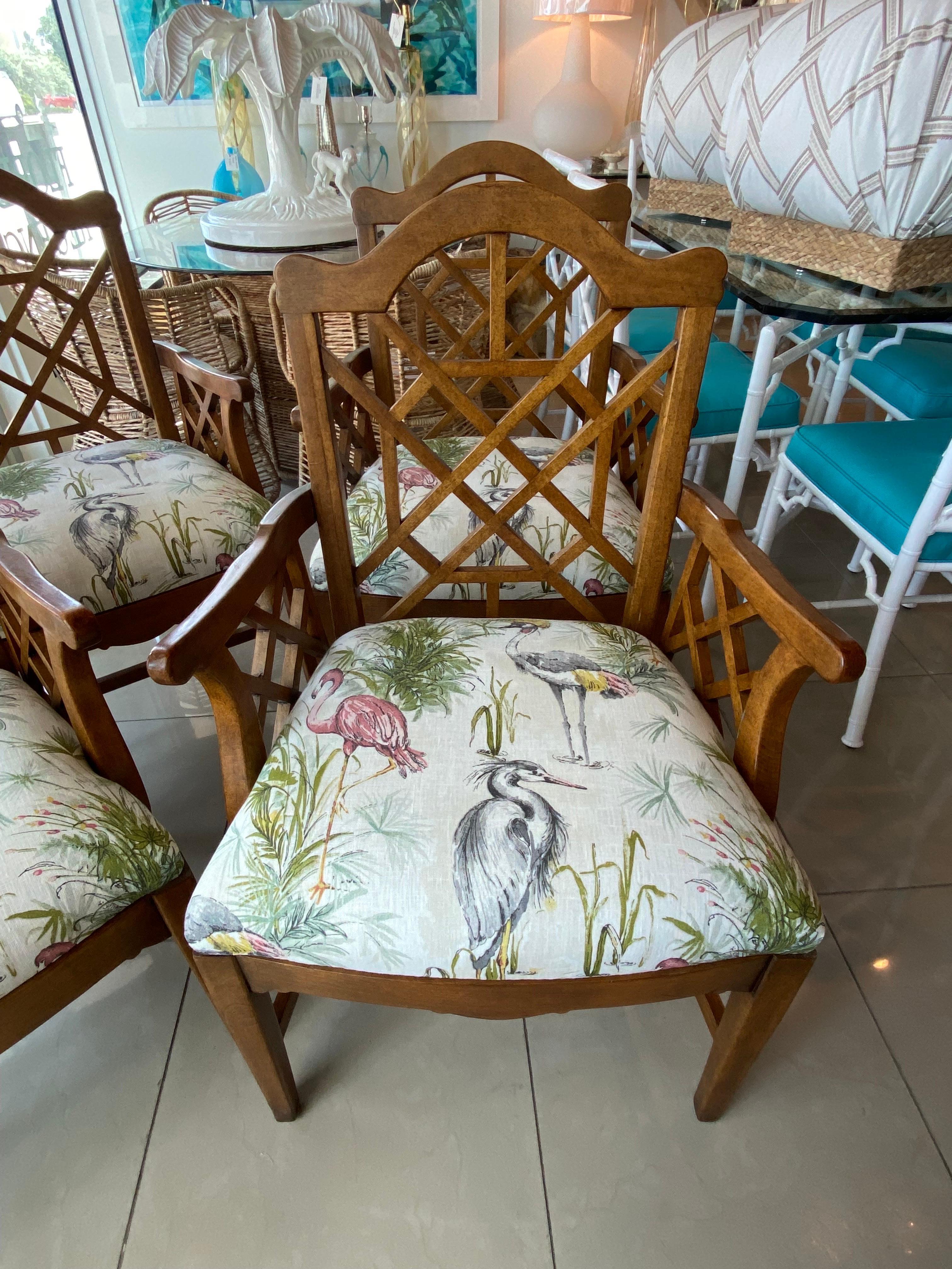 Late 20th Century Vintage Palm Beach Fretwork Chinese Chippendale Arm Chairs Dining Upholstered  For Sale