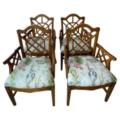 Vintage Palm Beach Fretwork Chinese Chippendale Arm Chairs Dining Upholstered