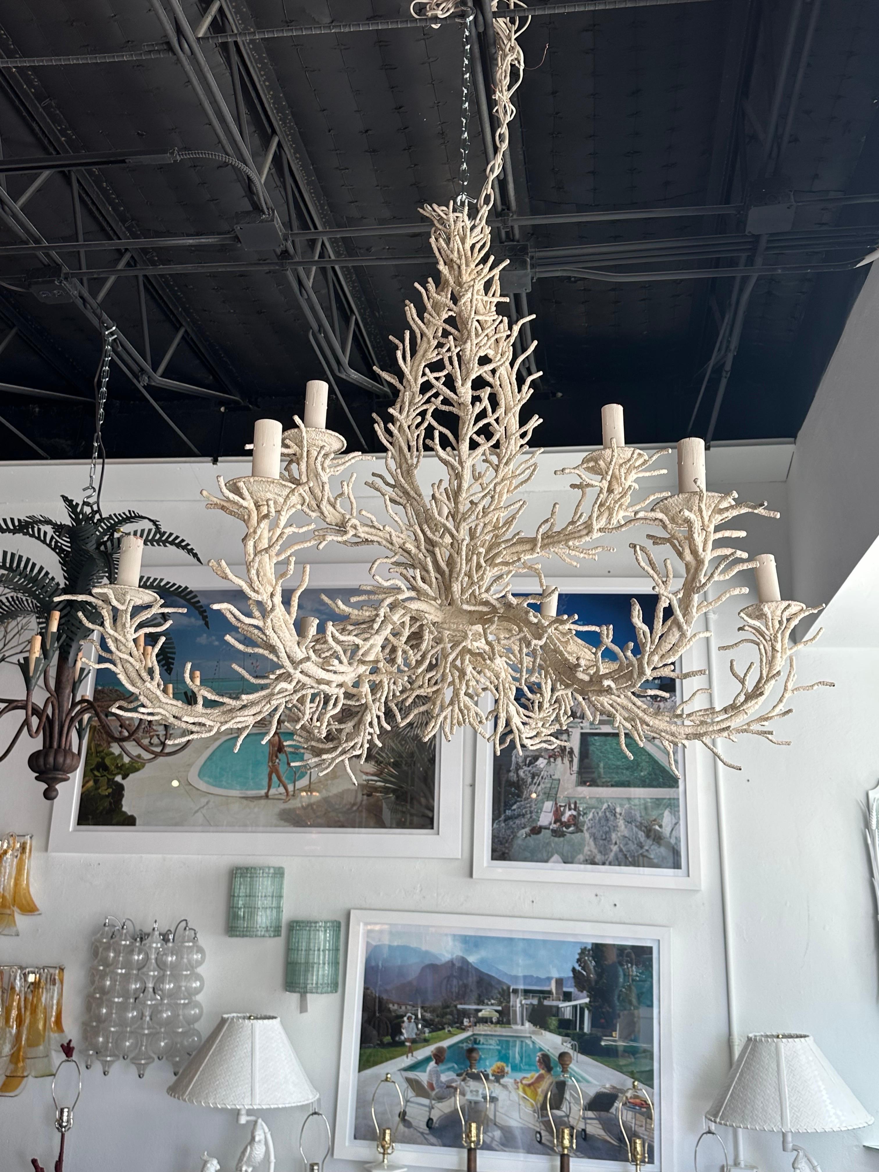 Vintage Palm Beach Metal Iron Faux Coral 9 Light Chandelier  In Good Condition In West Palm Beach, FL