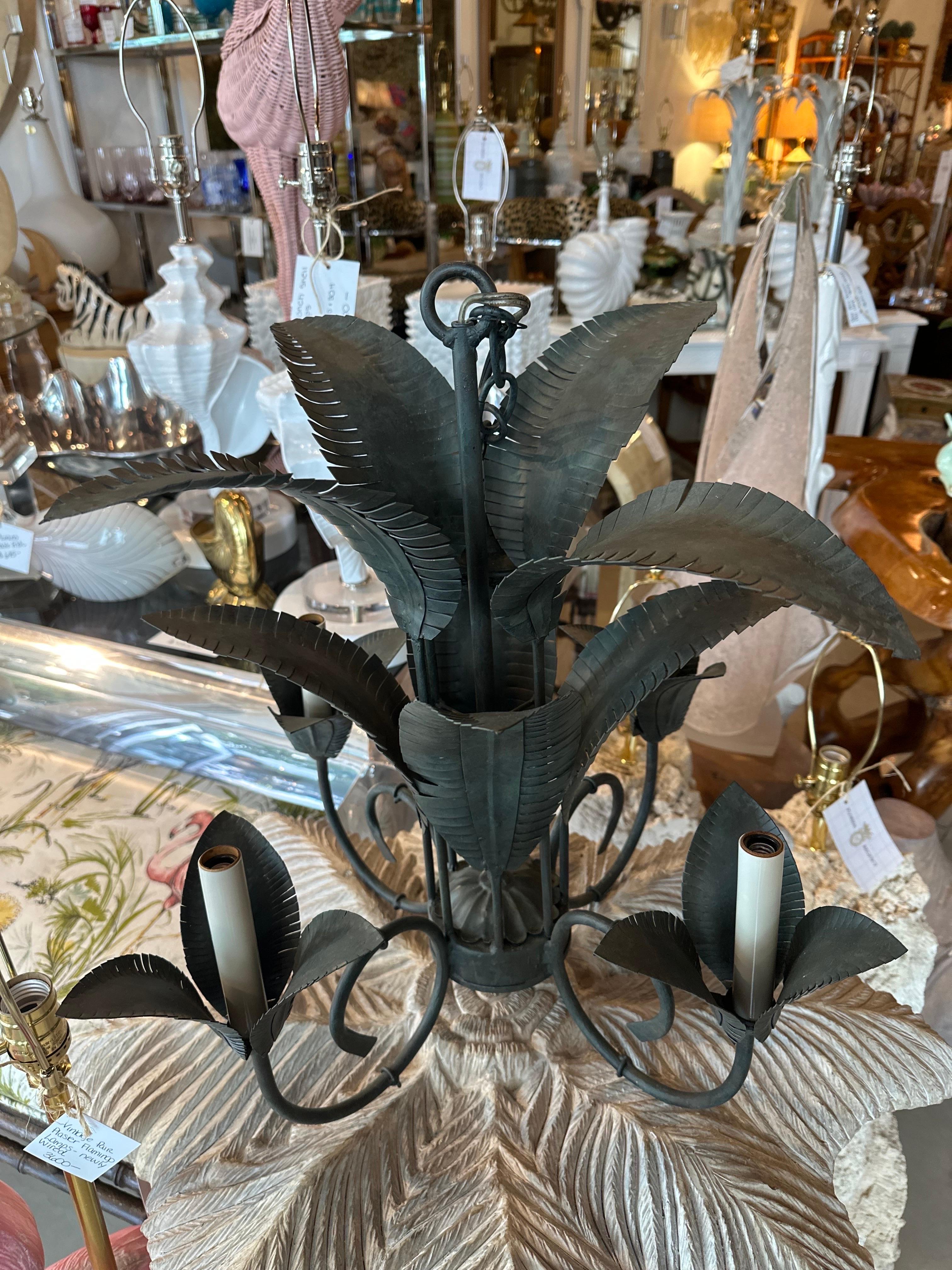 American Vintage Palm Beach Metal Tole Palm Tree Leaf Leaves Frond 4 Light Chandelier  For Sale