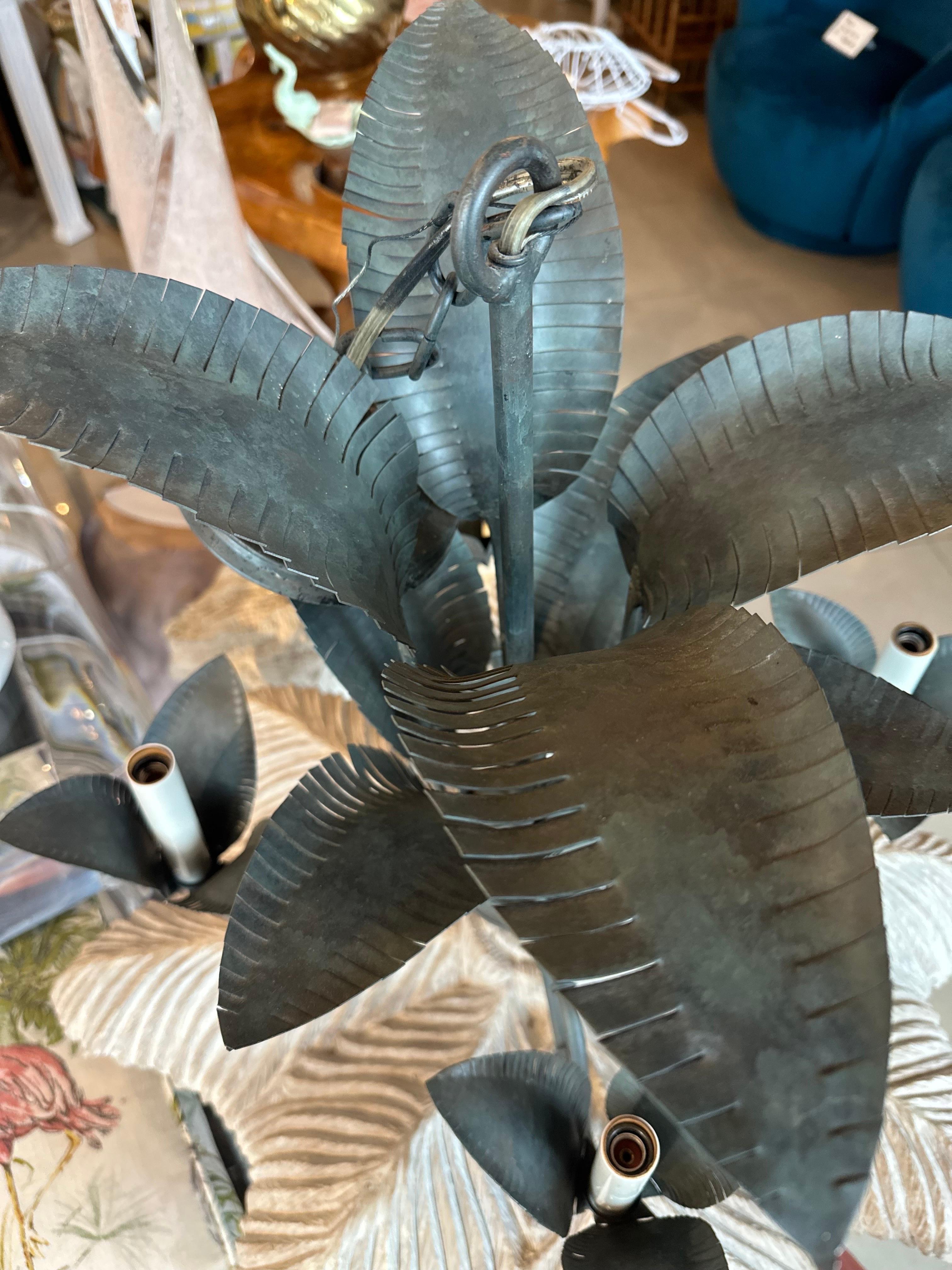 Late 20th Century Vintage Palm Beach Metal Tole Palm Tree Leaf Leaves Frond 4 Light Chandelier 