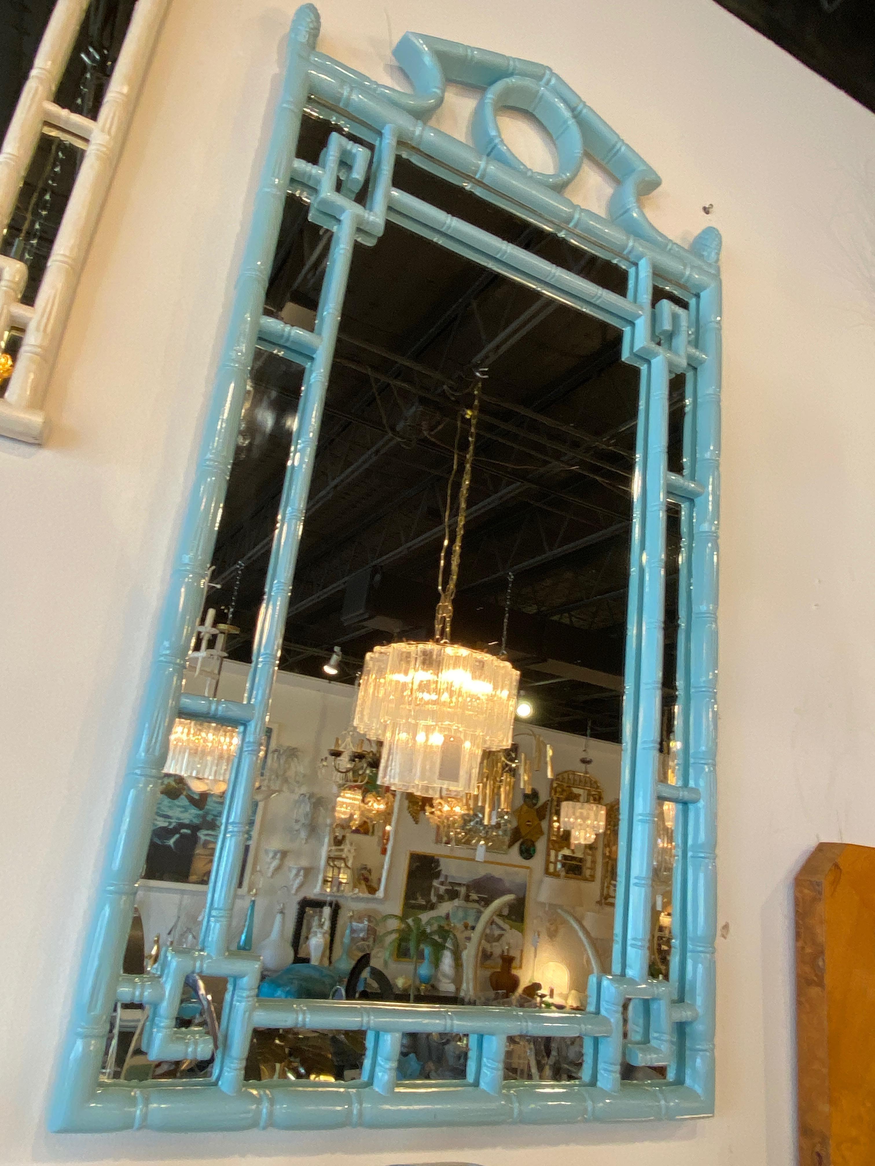 Beautiful vintage Greek key, pagoda top, faux bamboo wall mirror. This has been newly, professionally lacquered in a beautiful Palm Beach blue. Comes ready to hang on your wall.