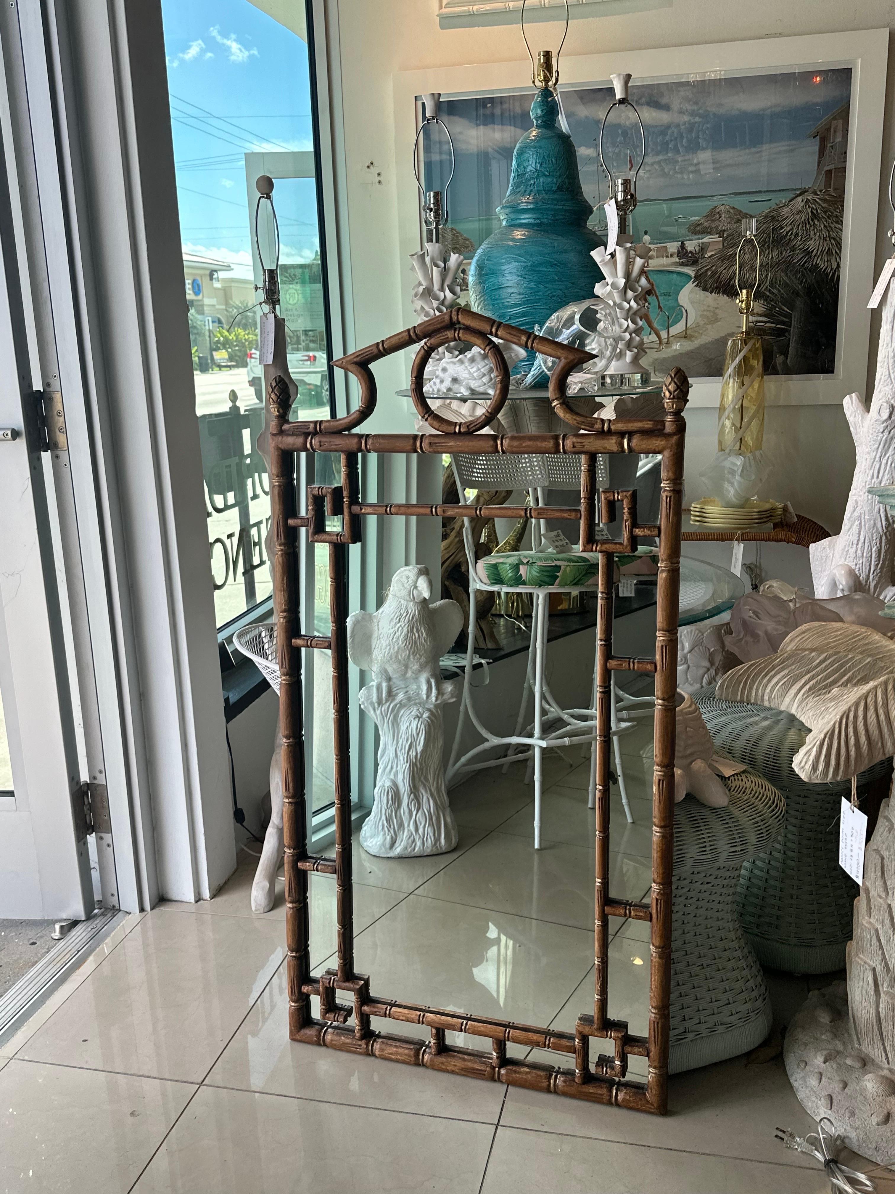 Vintage Palm Beach Pagoda Top Faux Bamboo Rattan Greek Key Wall Mirror  For Sale 4
