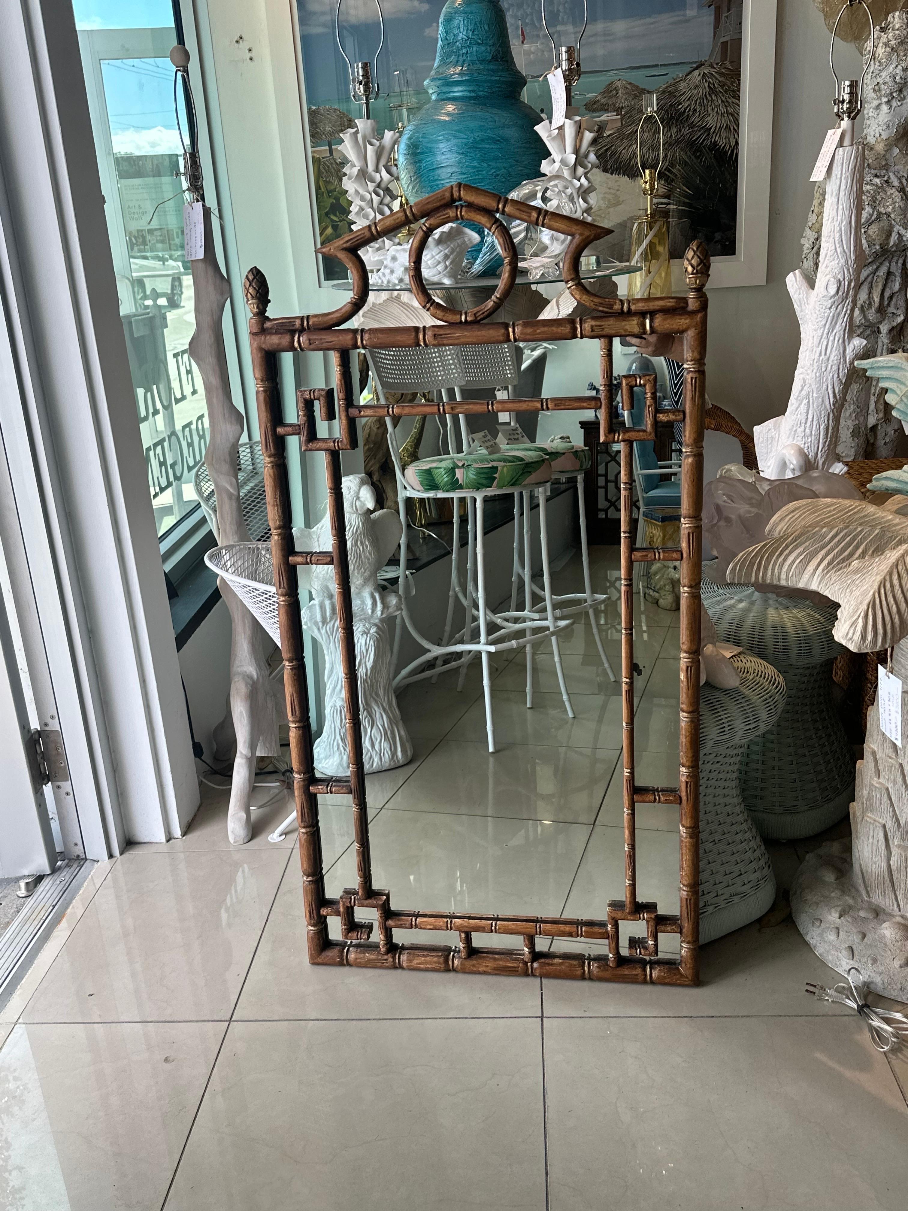 Vintage Palm Beach Pagoda Top Faux Bamboo Rattan Greek Key Wall Mirror  For Sale 5