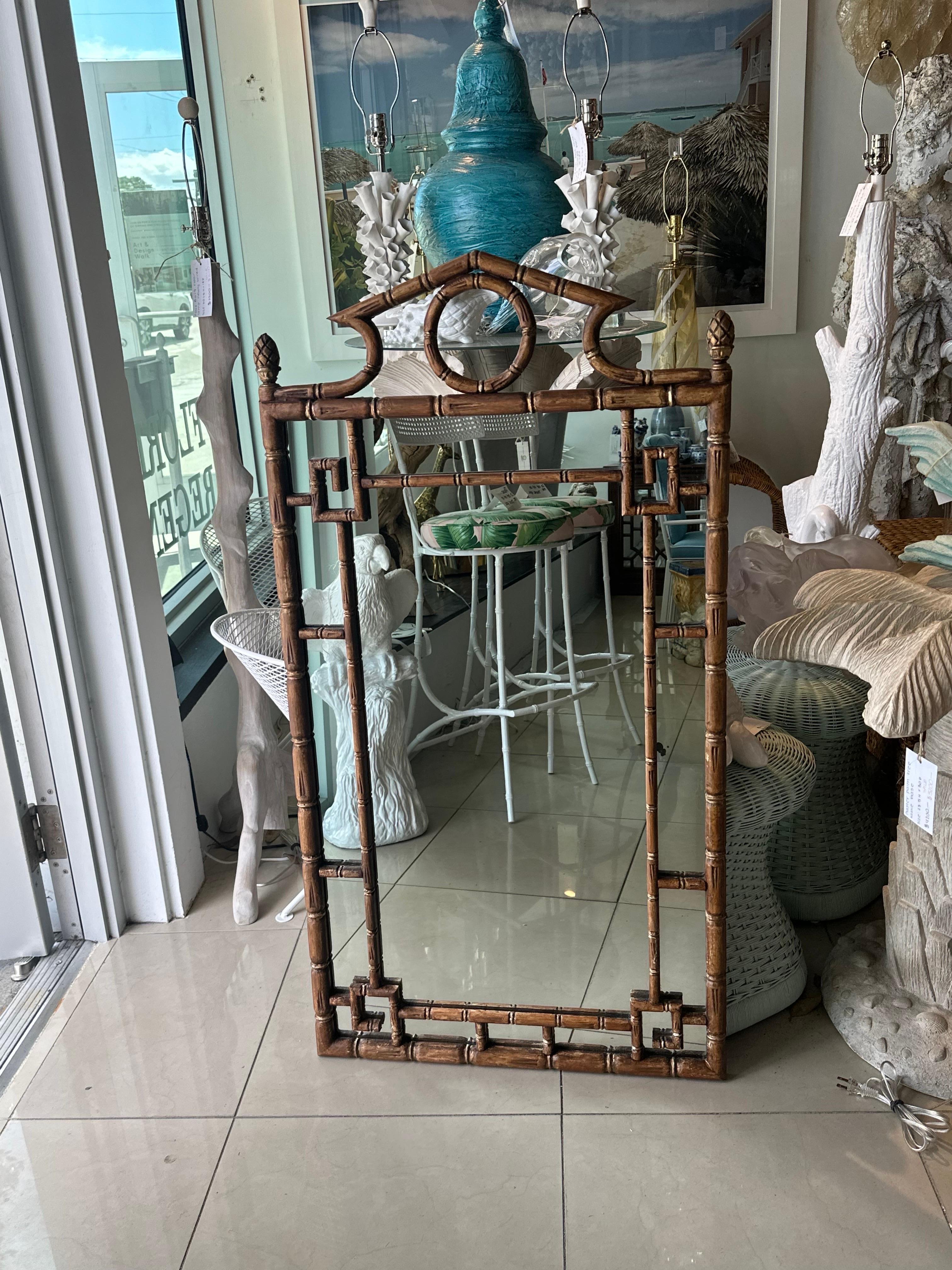 Vintage Palm Beach Pagoda Top Faux Bamboo Rattan Greek Key Wall Mirror  For Sale 7