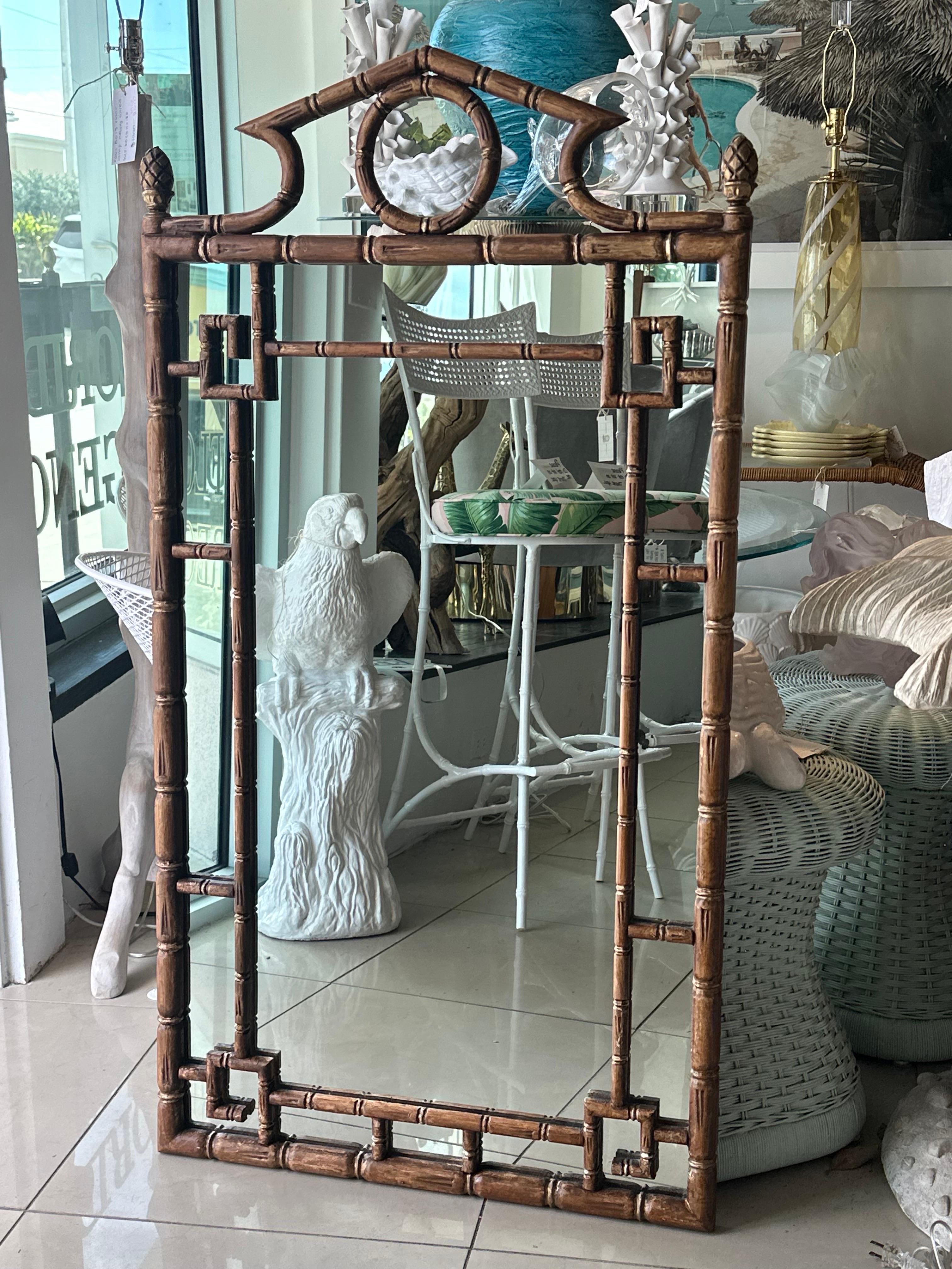 Vintage Palm Beach Pagoda Top Faux Bamboo Rattan Greek Key Wall Mirror  For Sale 8