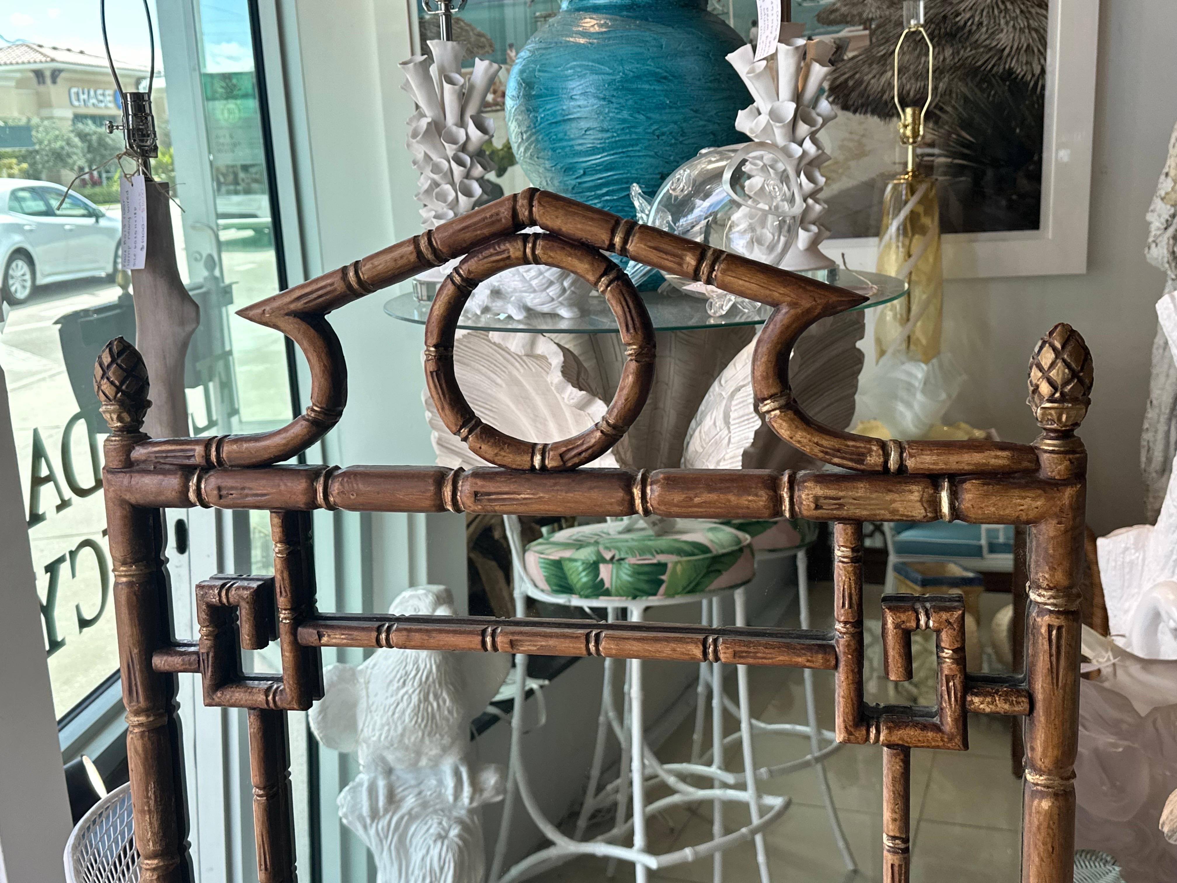 Vintage Palm Beach Pagoda Top Faux Bamboo Rattan Greek Key Wall Mirror  For Sale 9