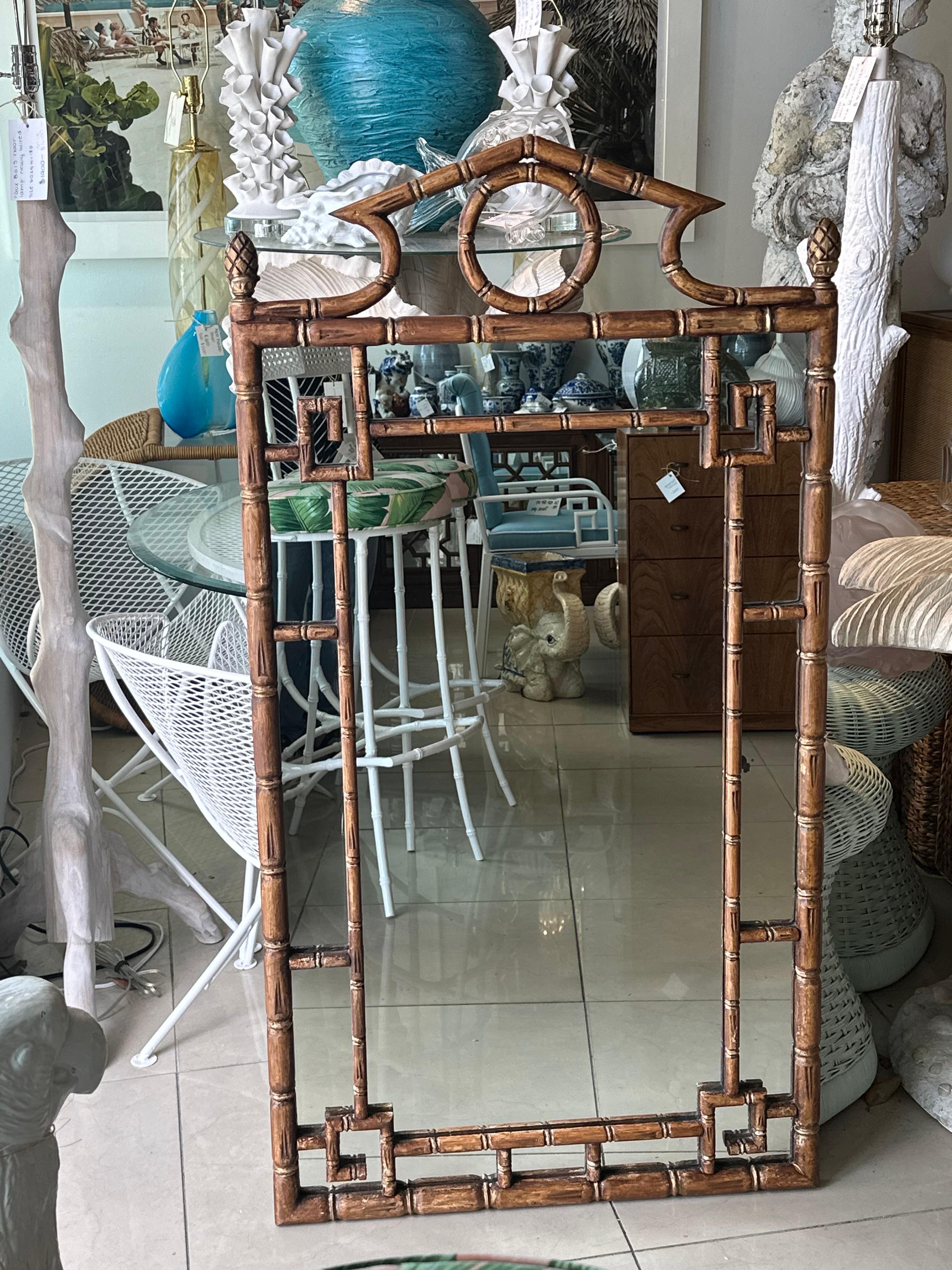 American Vintage Palm Beach Pagoda Top Faux Bamboo Rattan Greek Key Wall Mirror  For Sale