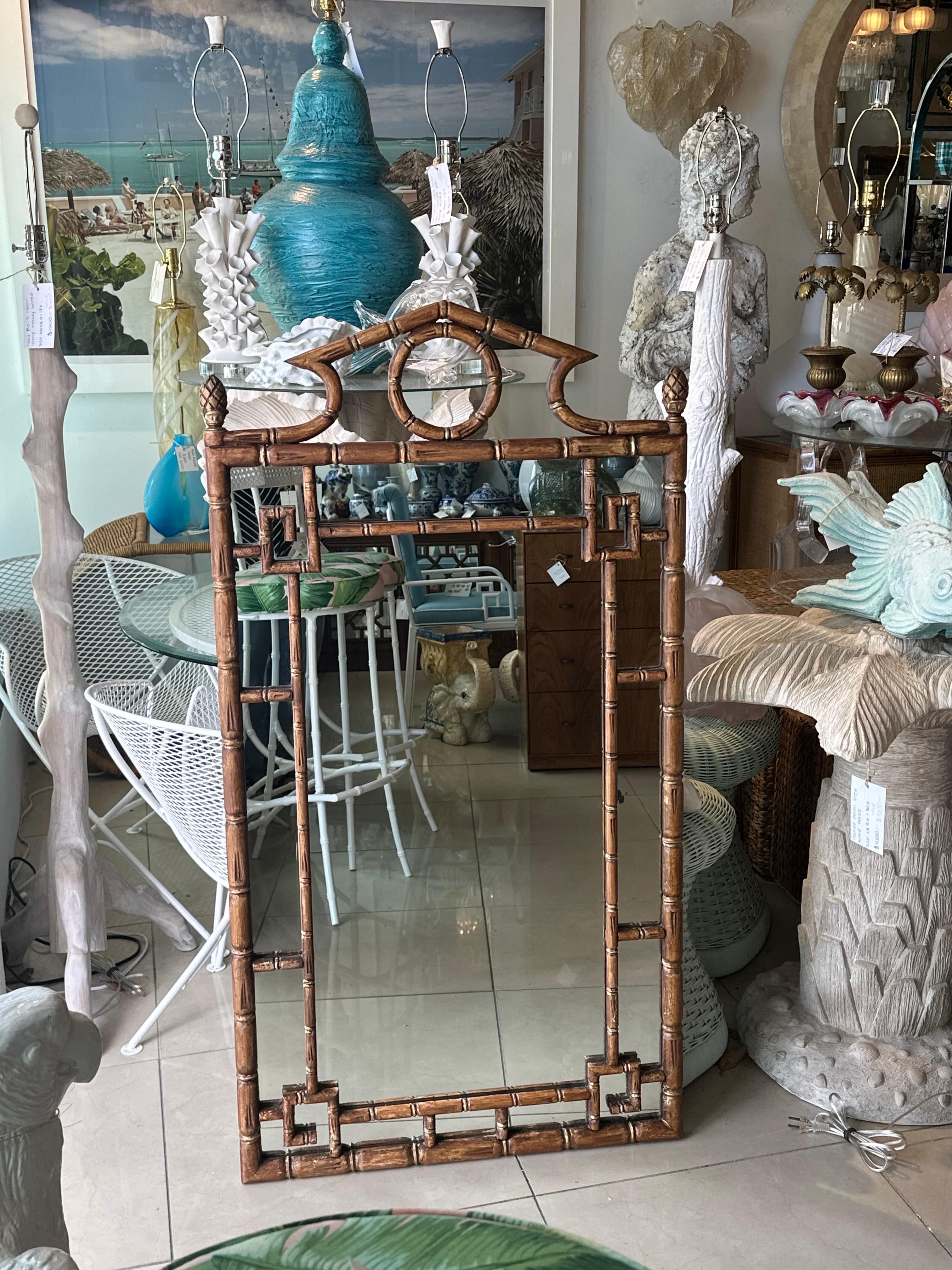 Vintage Palm Beach Pagoda Top Faux Bamboo Rattan Greek Key Wall Mirror  In Good Condition For Sale In West Palm Beach, FL