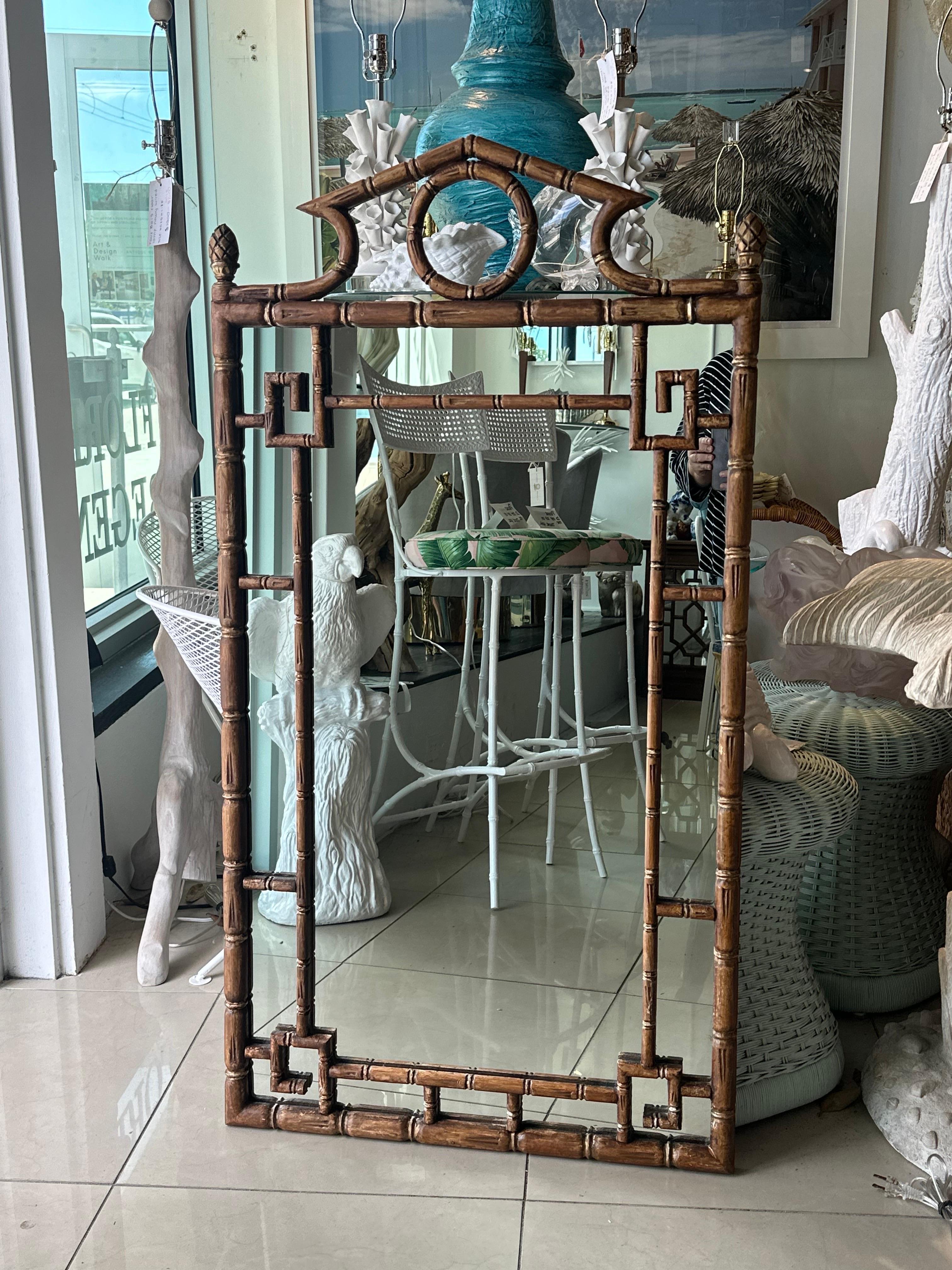 Late 20th Century Vintage Palm Beach Pagoda Top Faux Bamboo Rattan Greek Key Wall Mirror  For Sale
