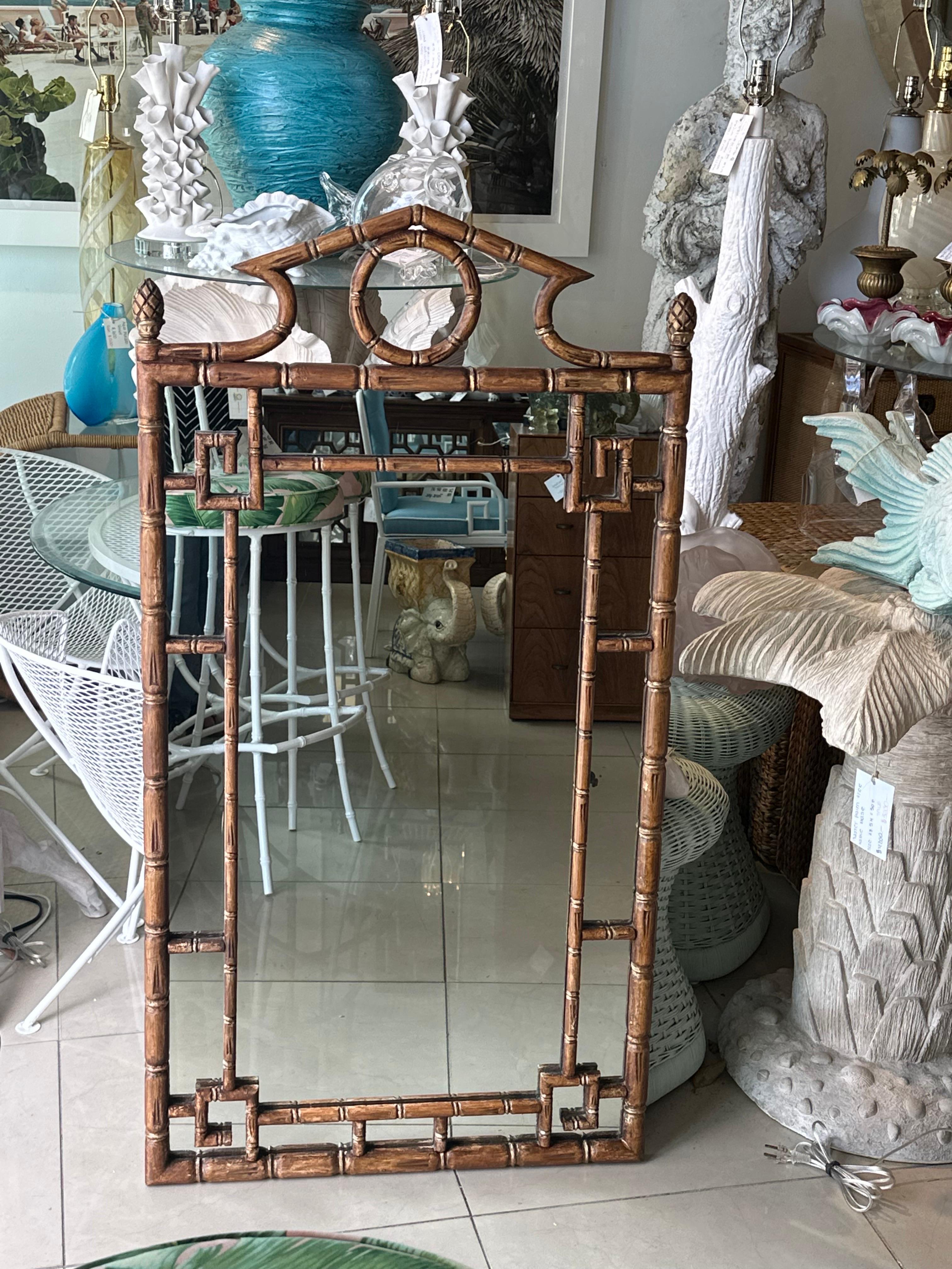 Vintage Palm Beach Pagoda Top Faux Bamboo Rattan Greek Key Wall Mirror  For Sale 1