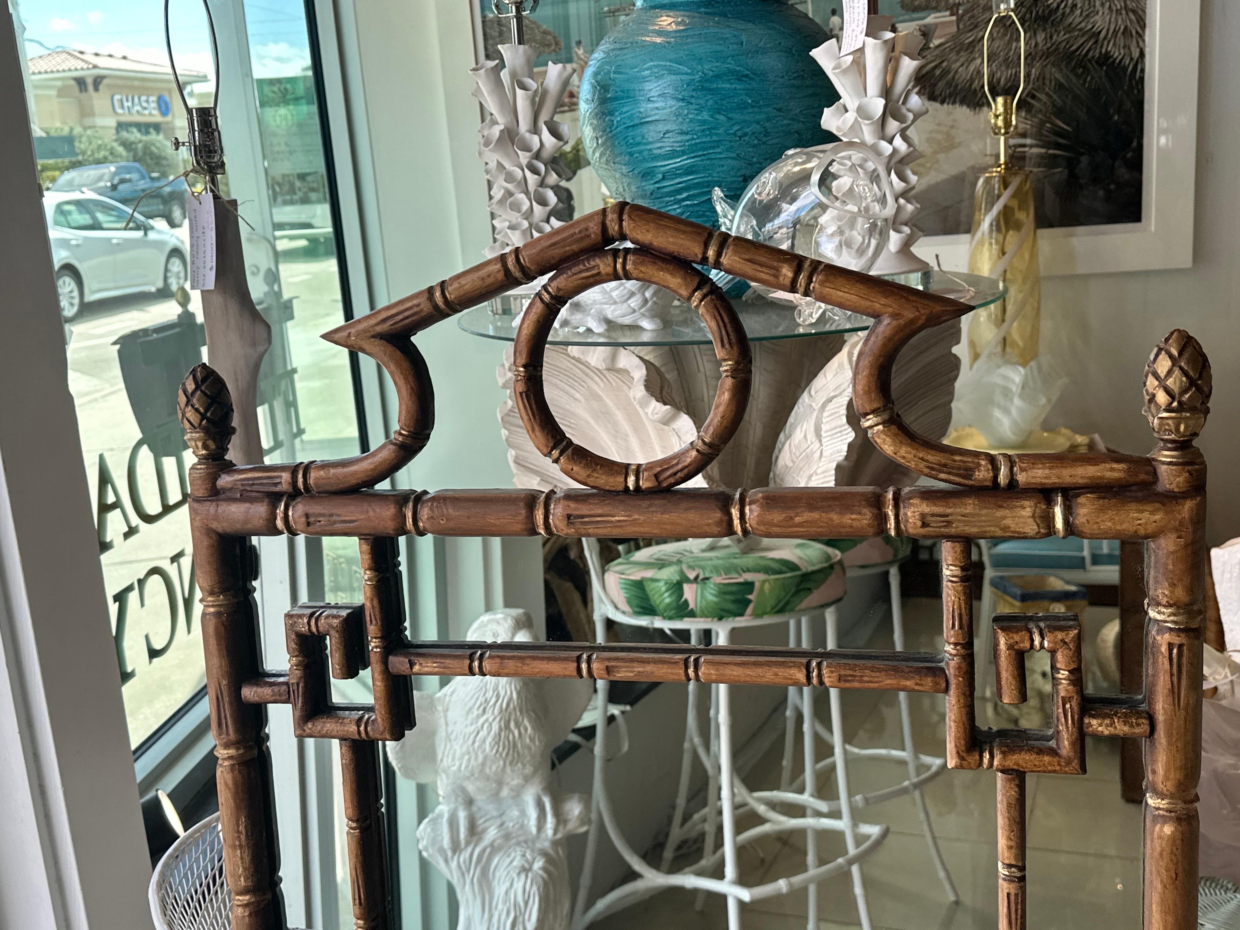 Vintage Palm Beach Pagoda Top Faux Bamboo Rattan Greek Key Wall Mirror  For Sale 3