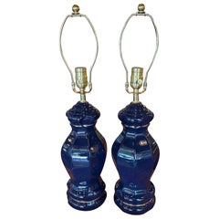 Vintage Palm Beach Pair of Cobalt Blue Ceramic Table Lamps Newly Wired