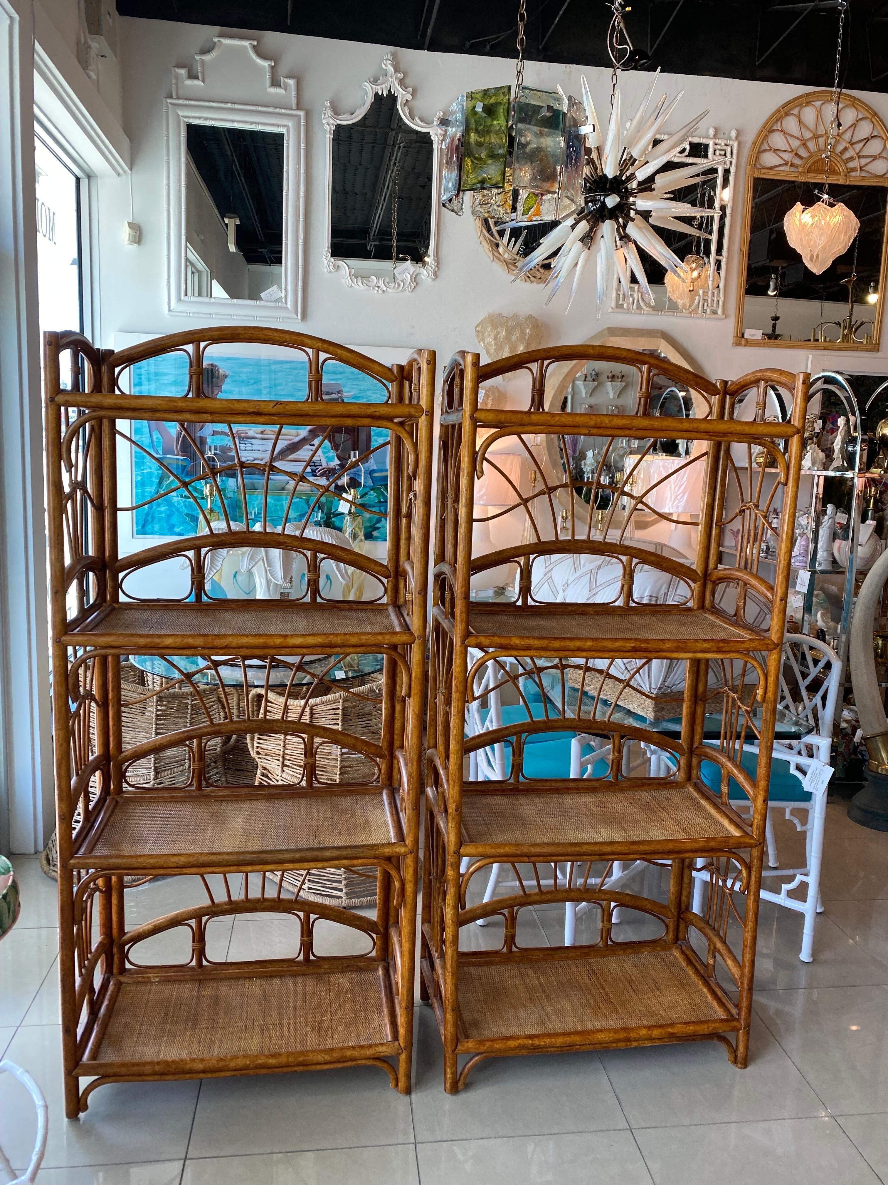 Hollywood Regency Vintage Palm Beach Pair of Rattan Bamboo Etageres Shelves For Sale