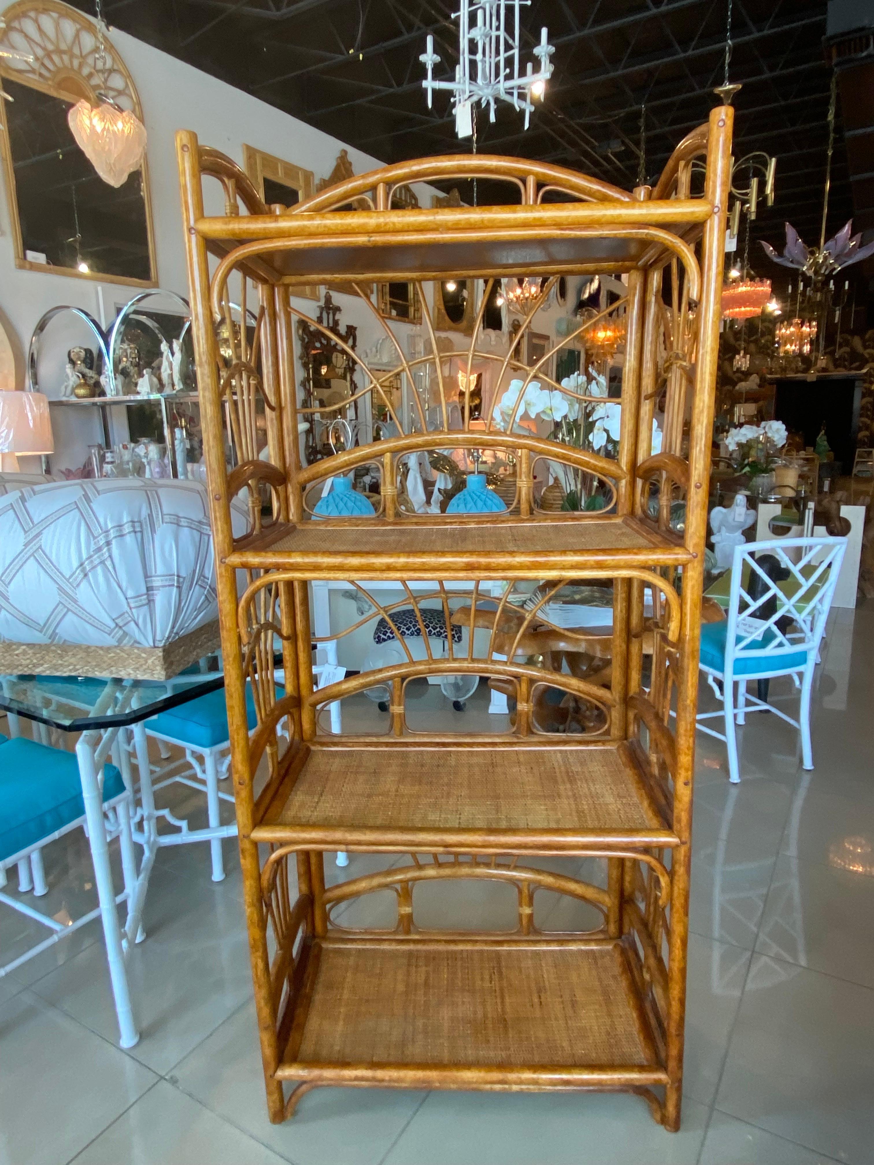 American Vintage Palm Beach Pair of Rattan Bamboo Etageres Shelves For Sale