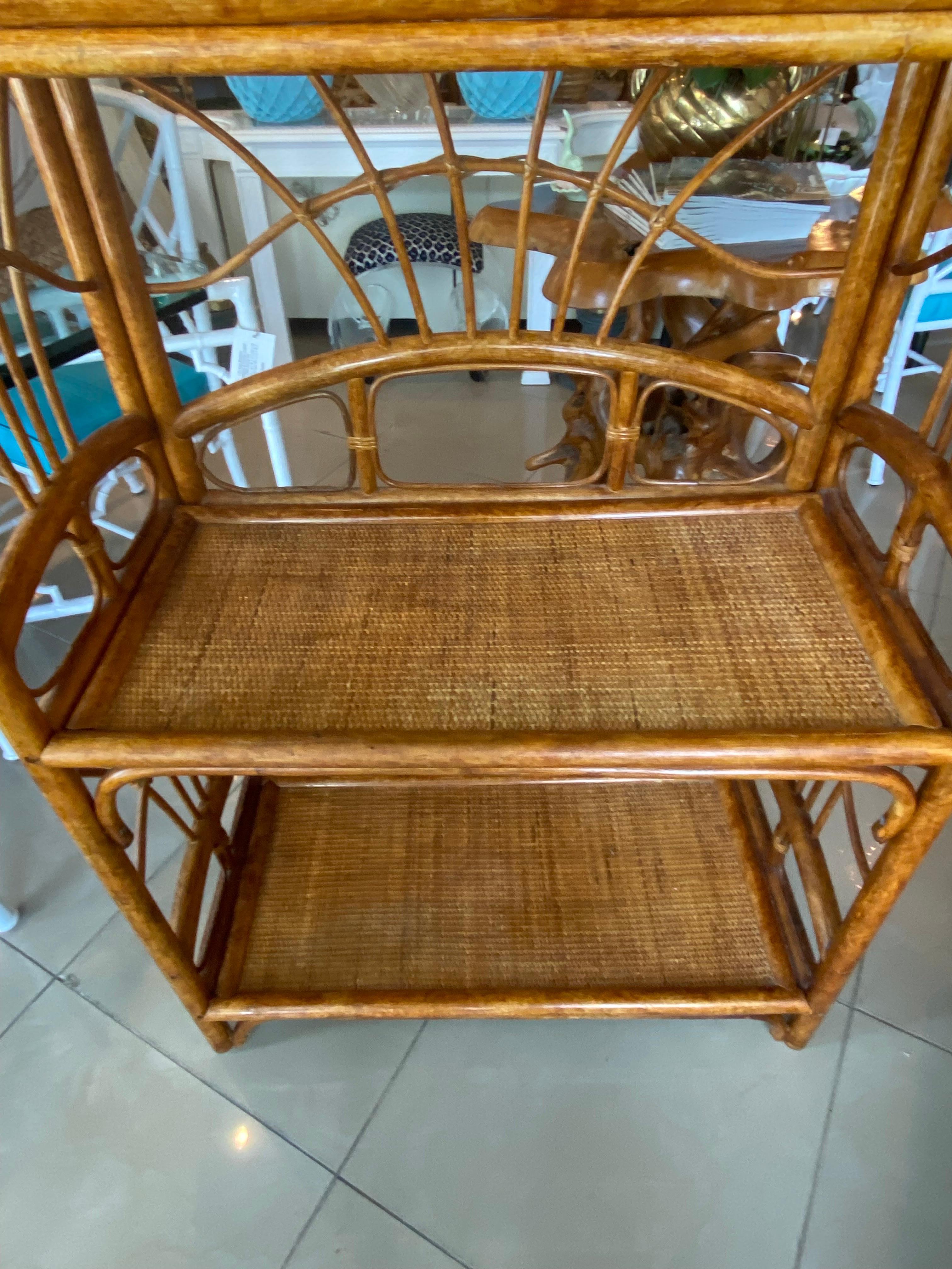 Vintage Palm Beach Pair of Rattan Bamboo Etageres Shelves In Good Condition For Sale In West Palm Beach, FL