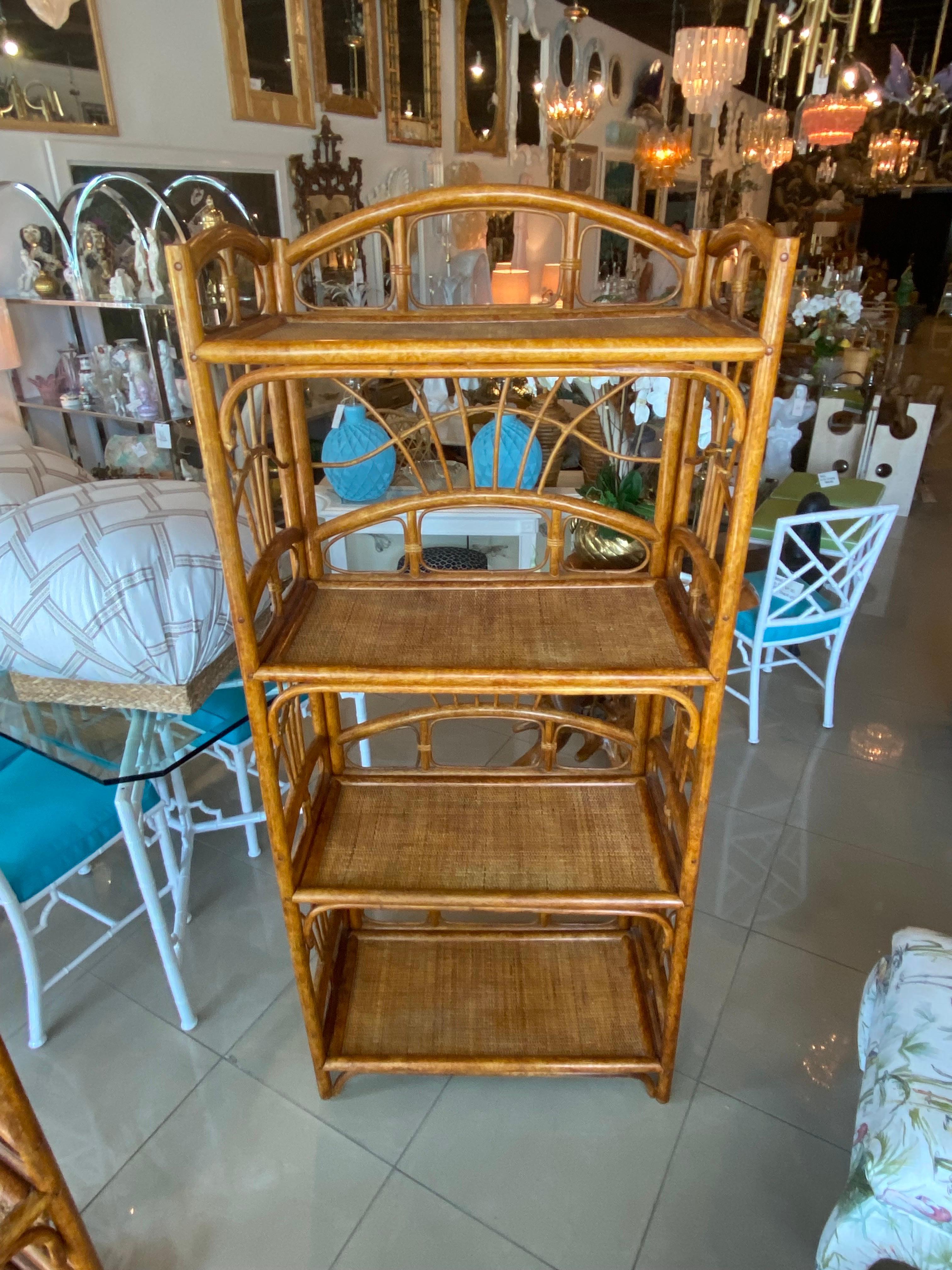 Late 20th Century Vintage Palm Beach Pair of Rattan Bamboo Etageres Shelves For Sale