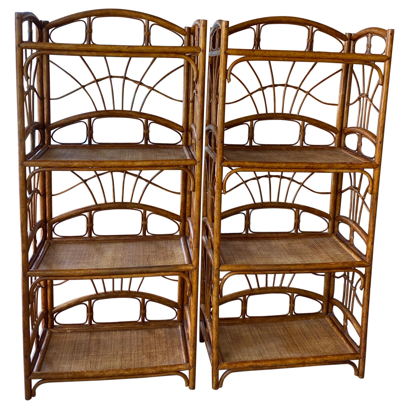 Vintage Palm Beach Pair of Rattan Bamboo Etageres Shelves