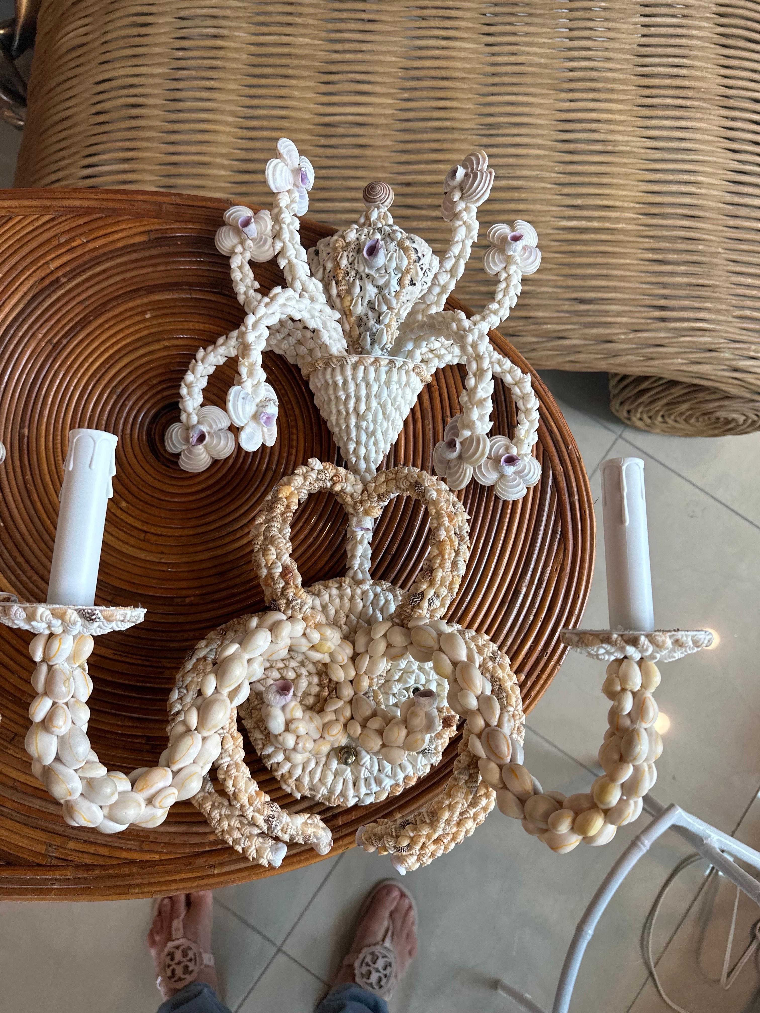 Late 20th Century Vintage Palm Beach Pair of Seashell Shell Encrusted Sconce Wall Lights For Sale